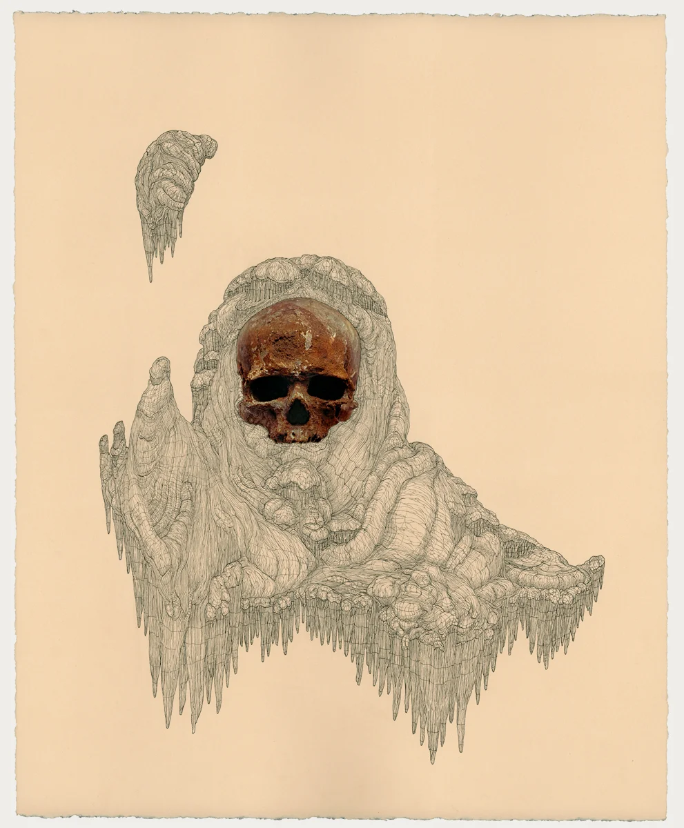 Tenzing Norgay/Cro-Magnon 1 , collage and ink on paper, 22in. x 18in., 2009