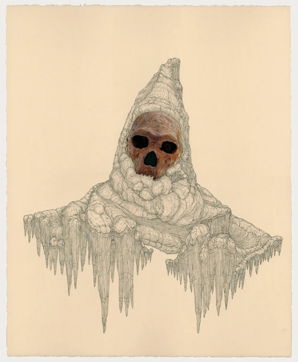 Haj Ali-al-Qaysi/Petralona 1 , collage and ink on paper, 22in. x 18in., 2009