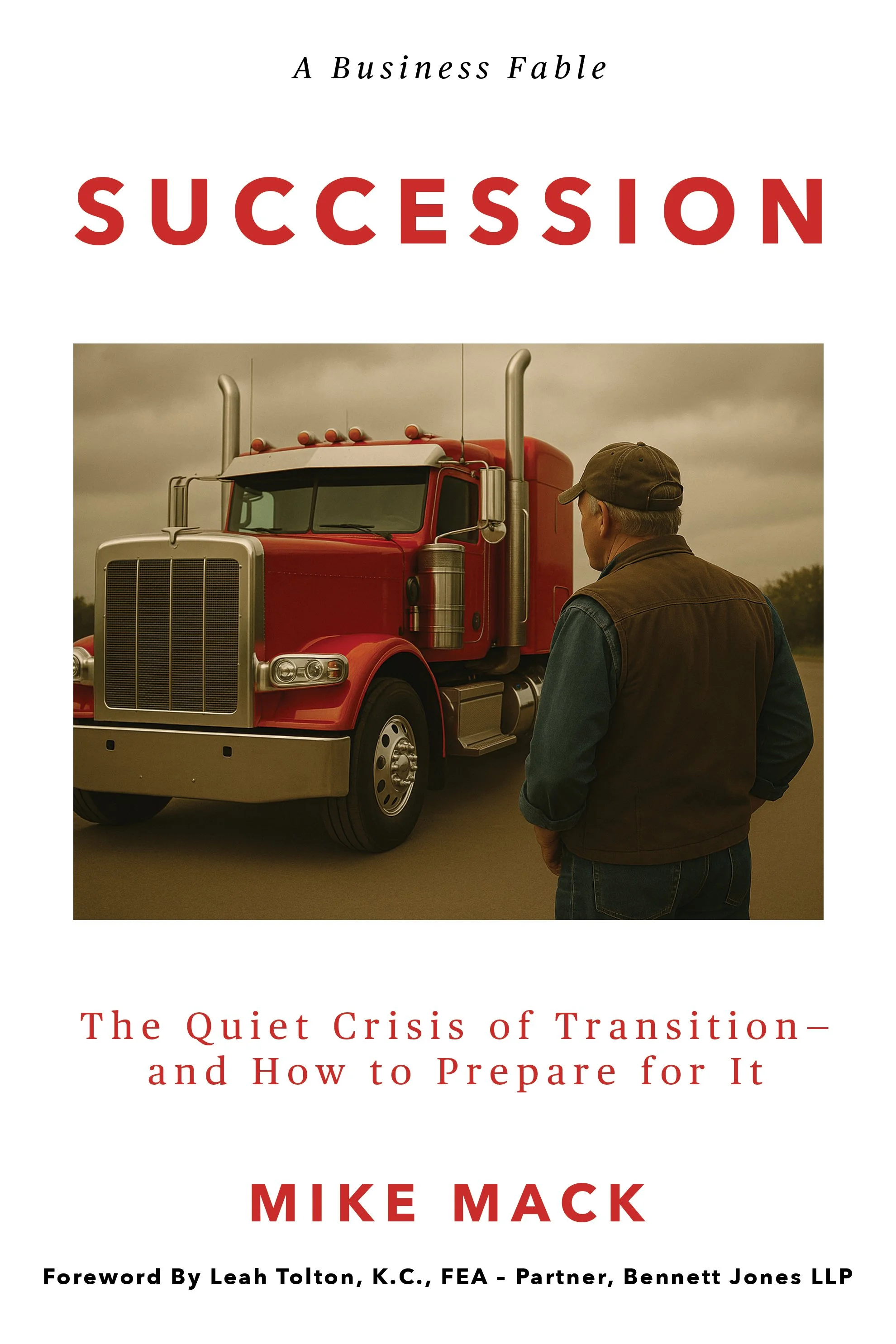 Truck Company owner looks at his Red Semi Truck.