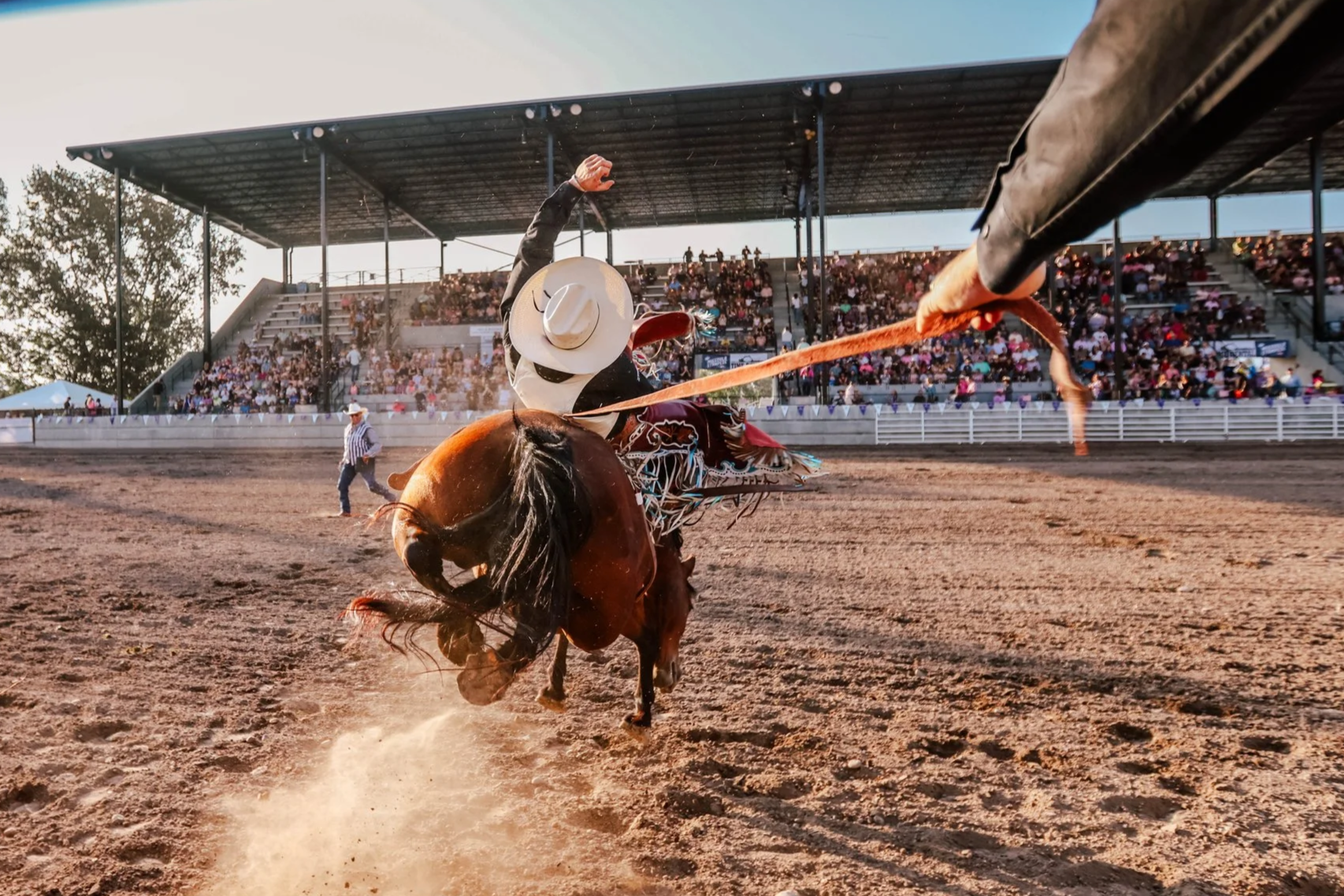 A rodeo cowboy in a cowboy hat riding a bucking horse on a dusty arena. Spectators watch from the Clouse Bauer Arena grandstands, and a rodeo clown is visible in the background.