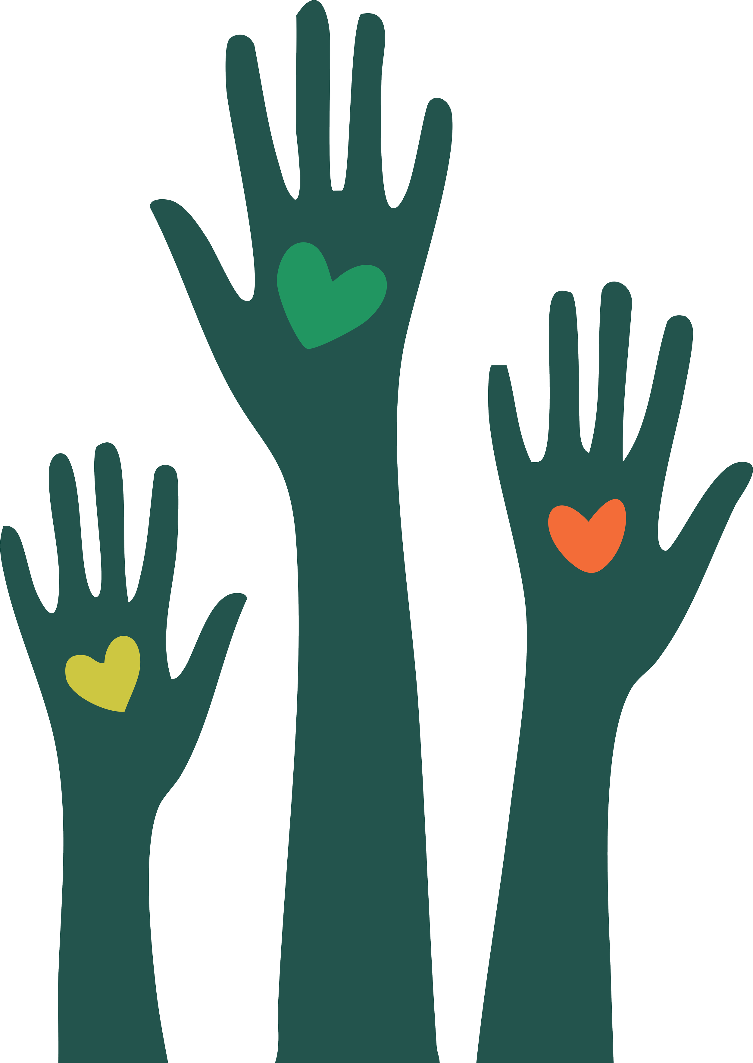 Three raised hands with colorful heart shapes on the palms in shades of yellow, green, and orange.