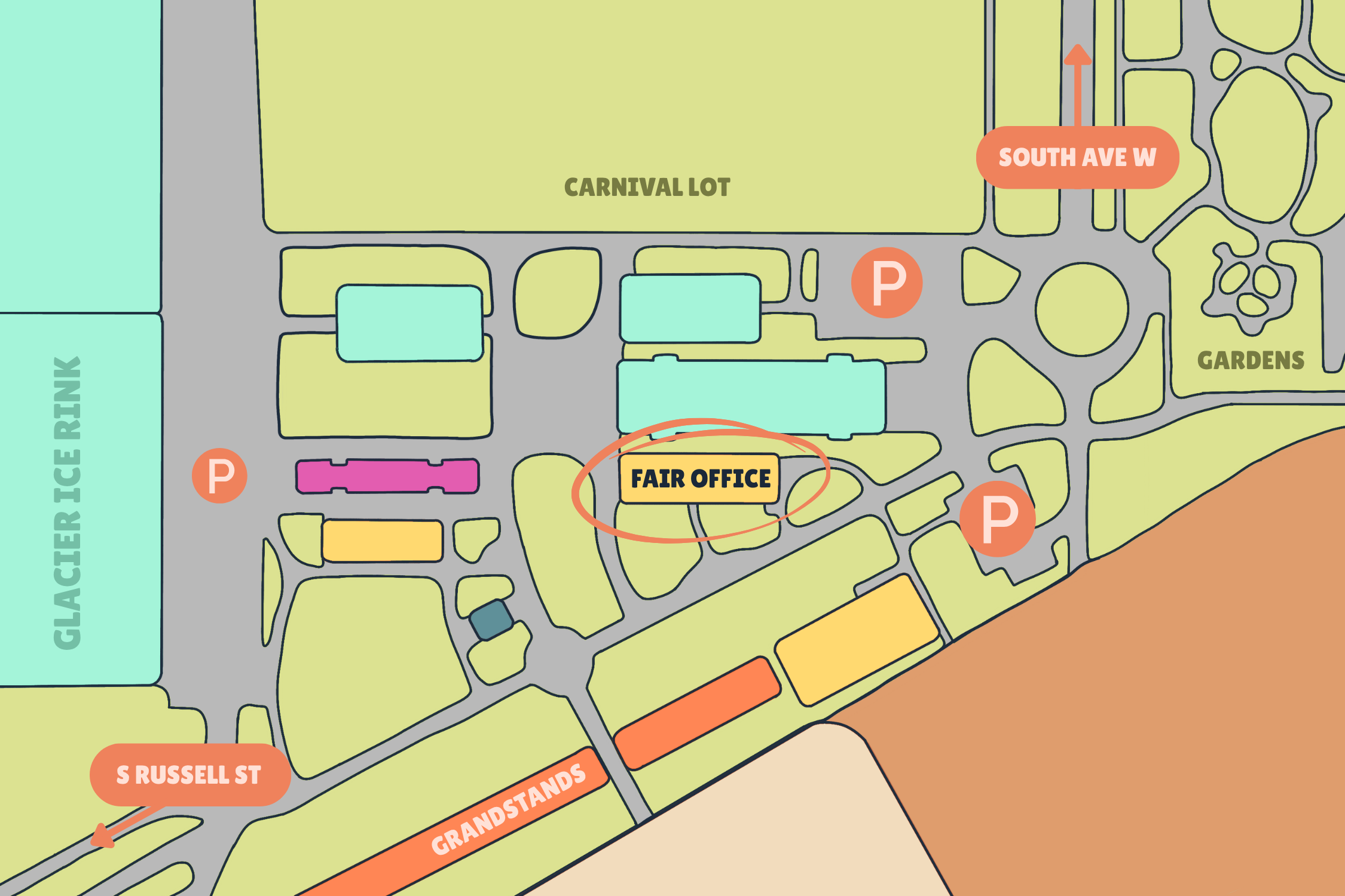 Map showing locations including the fair office, carnival lot, parking areas, S Russell St, Grandstands, Gardens, and South Ave W