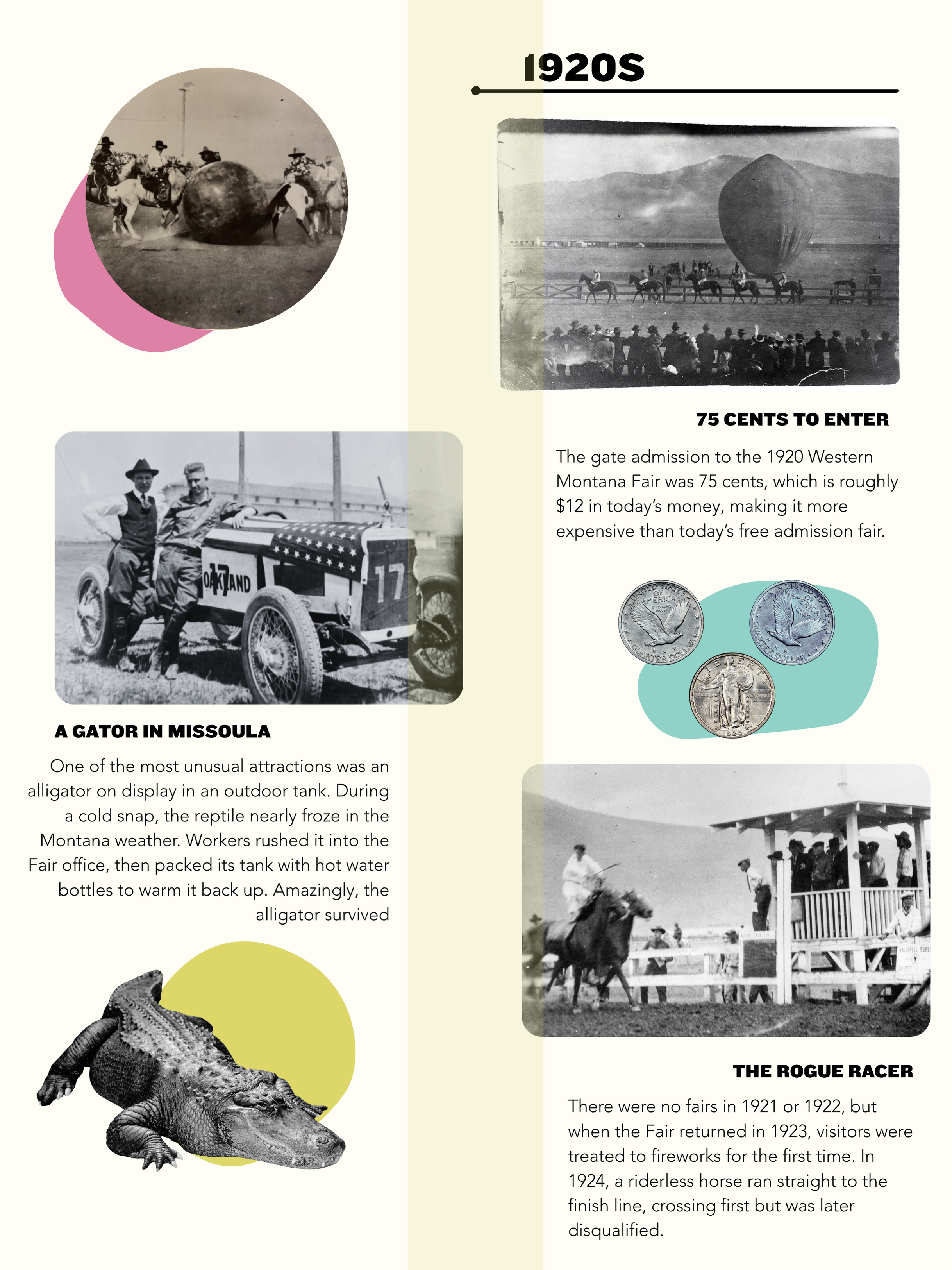 Black and white historical photos of the Montana State Fair in the 1920s, including a rodeo with horseback riders and a hot air balloon, a race car labeled 'Oakland,' and a riderless horse crossing the finish line.