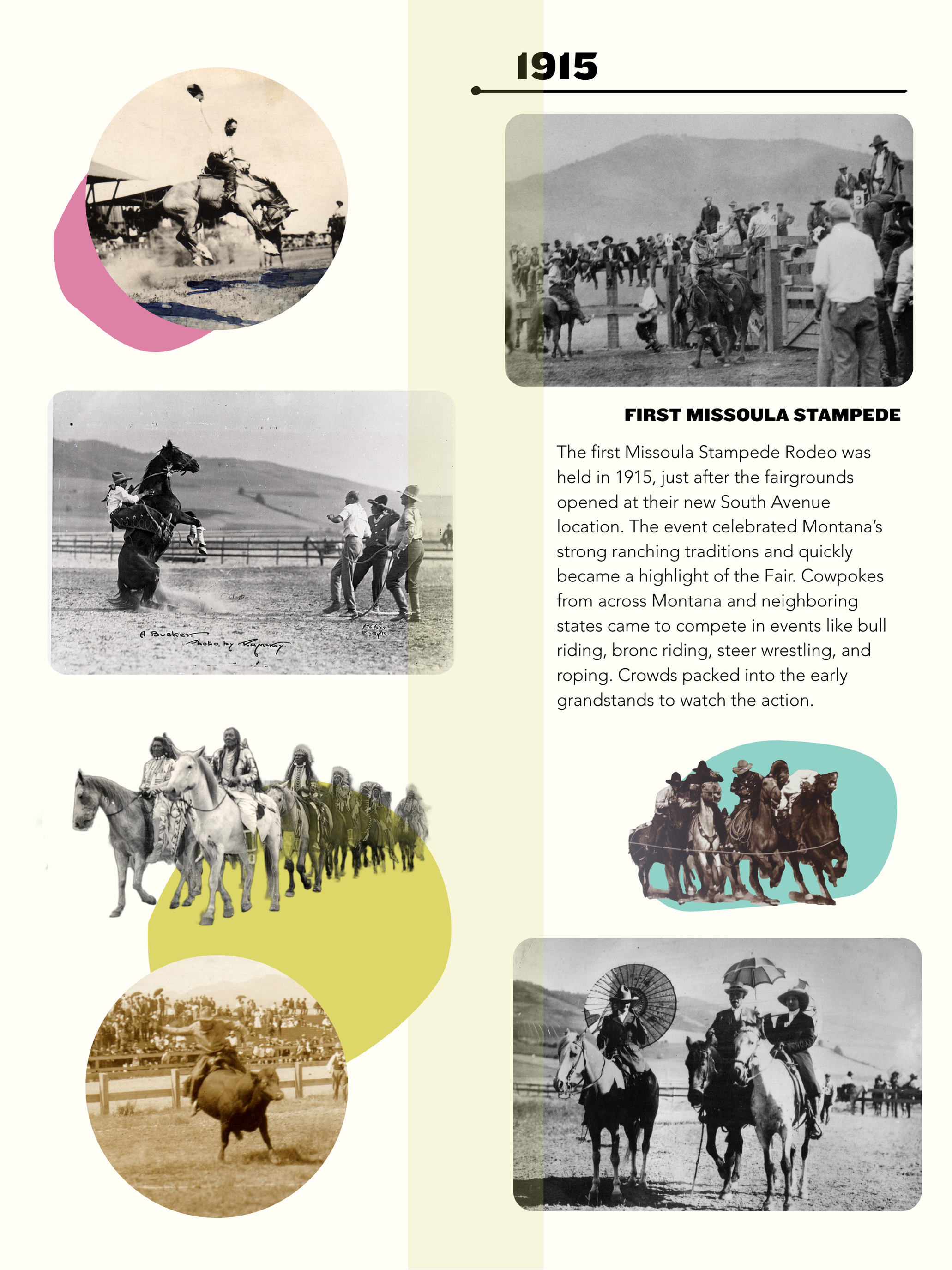 A collage of black and white and color photographs depicting historic rodeo scenes, including cowboys on horseback, rodeo events, and people in period attire, with a timeline marking the year 1915 and text describing the first Missoula Stampede Rodeo.