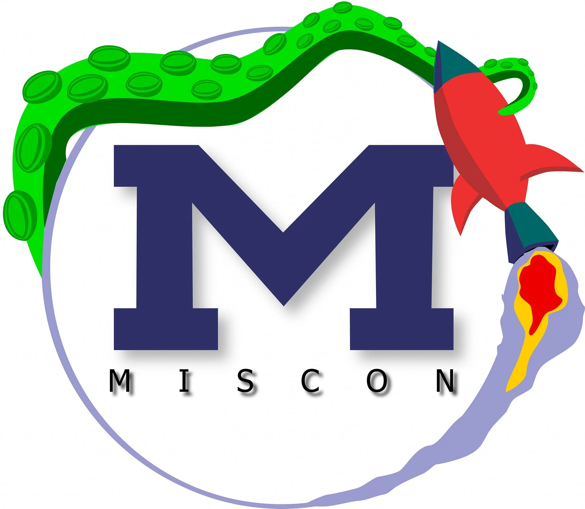 Logo with the word "Miscon" beneath a stylized letter 'M', encircled by a green tenticle, with a red, yellow, and blue rocket ship on the right side.