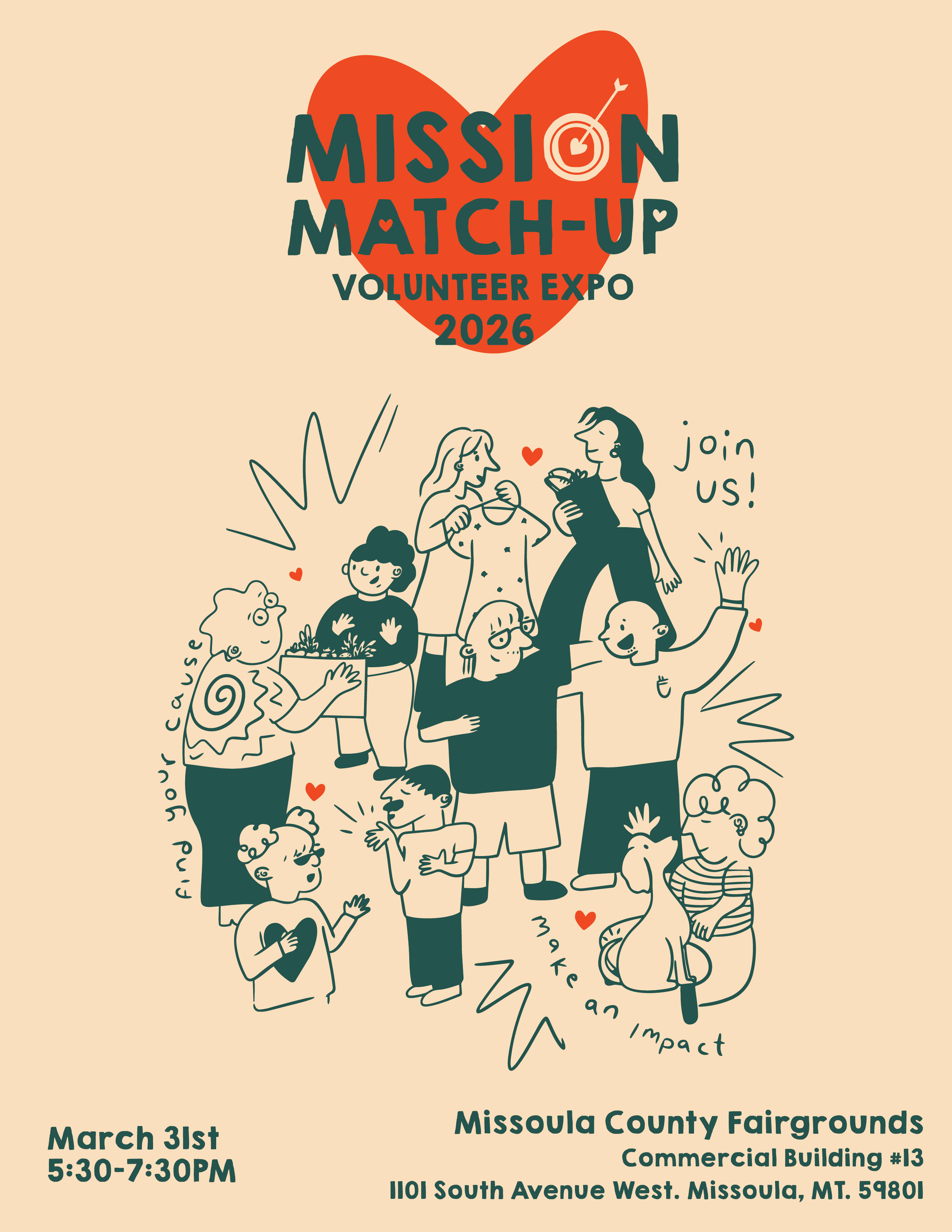 Illustration of diverse people at a volunteer expo called Mission Match-Up 2026, with a heart and target graphic at the top, details about the event date, time, and location at the bottom.