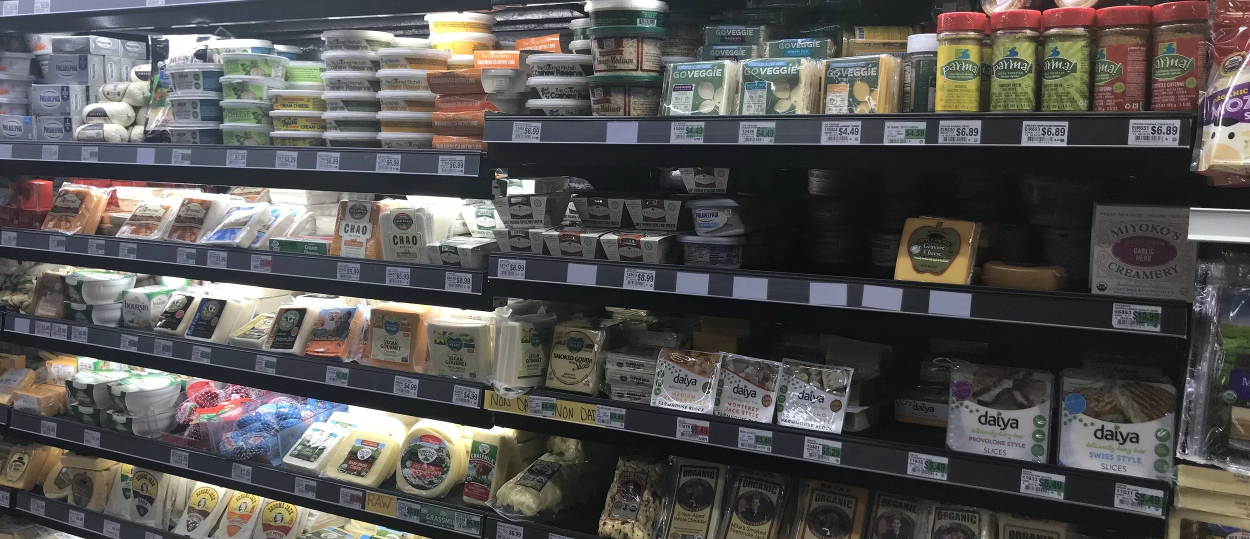 The extensive plant-based cheese selection at local grocery store Berkeley Bowl.