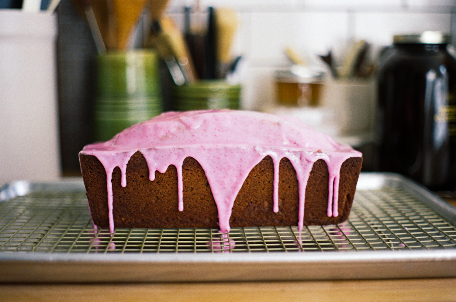 This visually stunning pink glaze is surprisingly easy to put together and relies on a small amount of beet puree for its naturally bright hue. The banana bread itself is a one bowl quick bread that makes use of a few overripe bananas. This bread would be a perfect way to start Valentine's Day off on a sweet note. Photo by Yossi Arefi of Apt 2B Baking Co
