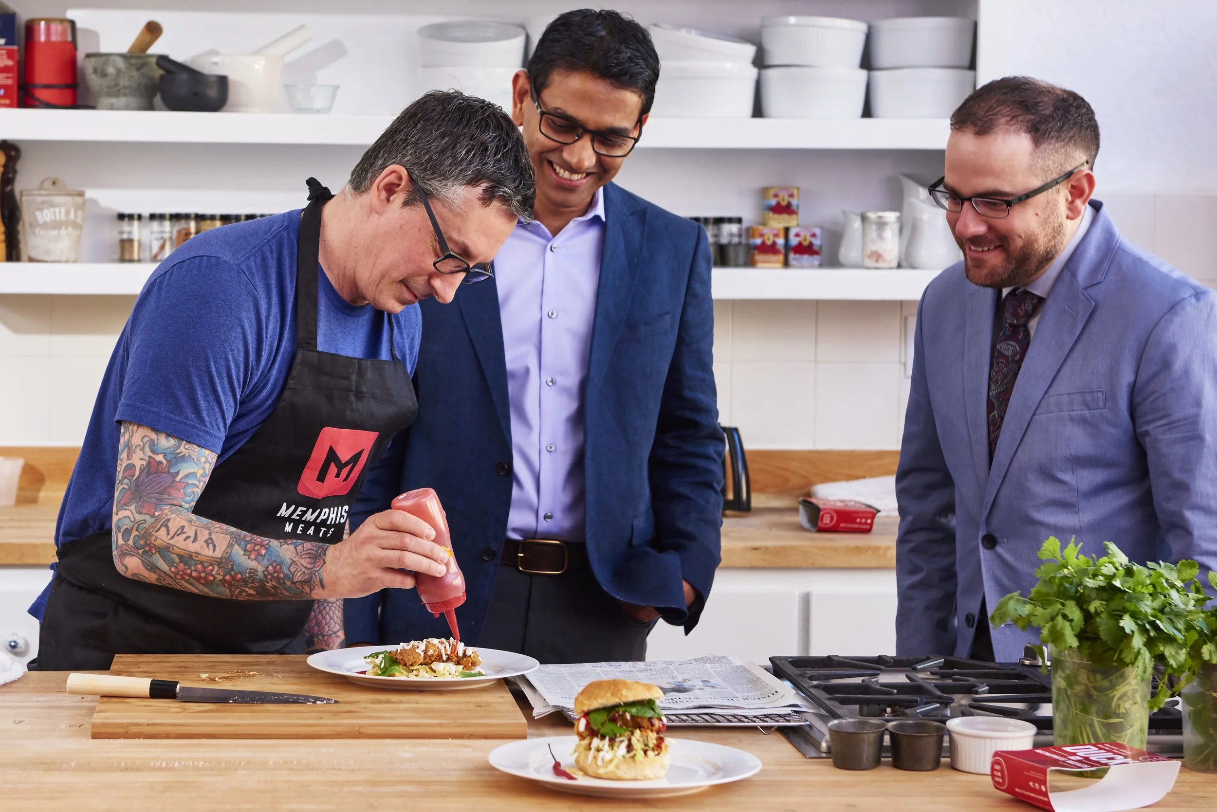 The team at Memphis Meats, which is backed by Tyson Foods and Cargill, created the world's first "clean fried chicken" last year. Its production method uses 90 percent less water and land than conventional meat. The company expects to have a product ready for market by 2021 or sooner. Photo from Memphis Meats