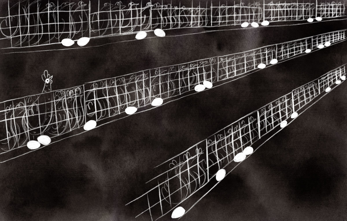 Stangl underscores the bleakness of Gwen’s life in an egg-laying factory by illustrating those scenes in stark black and white.