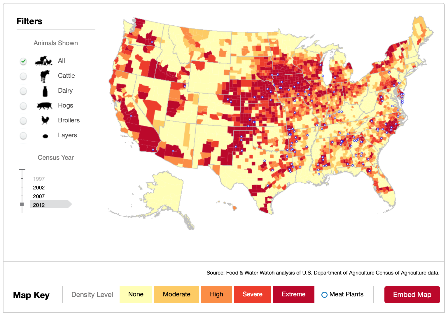 Food & Water Watch has compiled data from the USDA Census of Agriculture to estimate the number and density of livestock operations in the United States. Factory farms don’t always need permits to operate, which makes it hard to know where they are located and how many there are. Image source