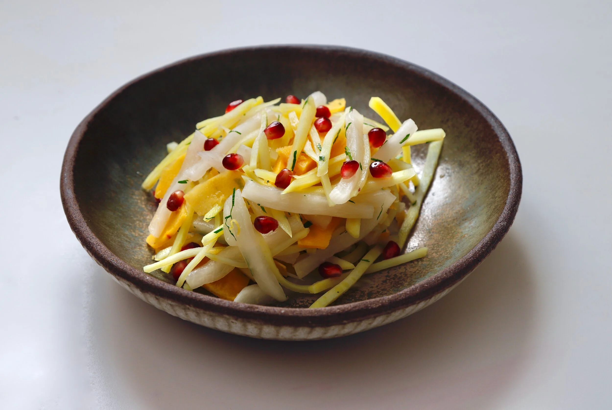 Crunchy and Floral Autumn Salad with Sweet Potato, Cured Winter Squash and Daikon