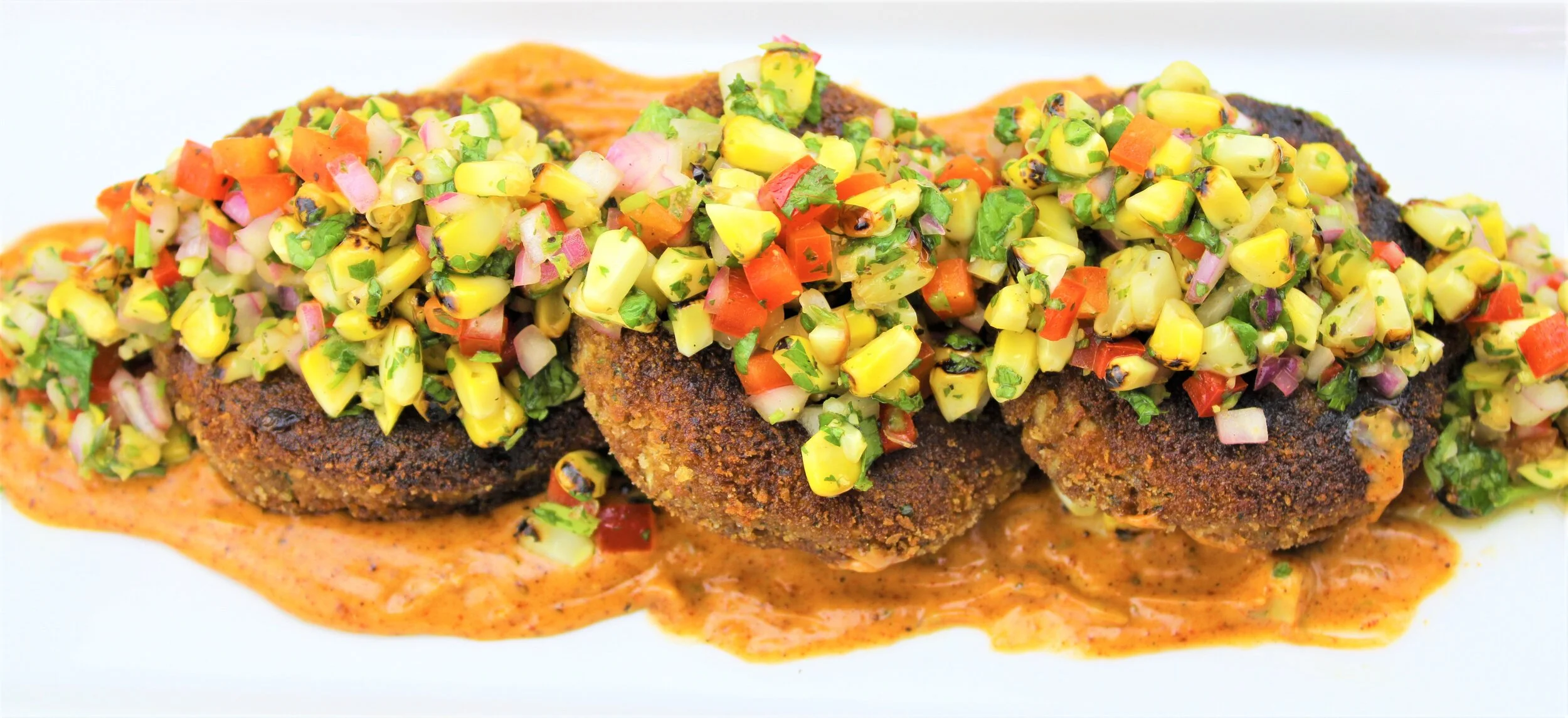 Artichoke "Crab" Cakes with Chili Aioli and Roasted Corn Salsa 