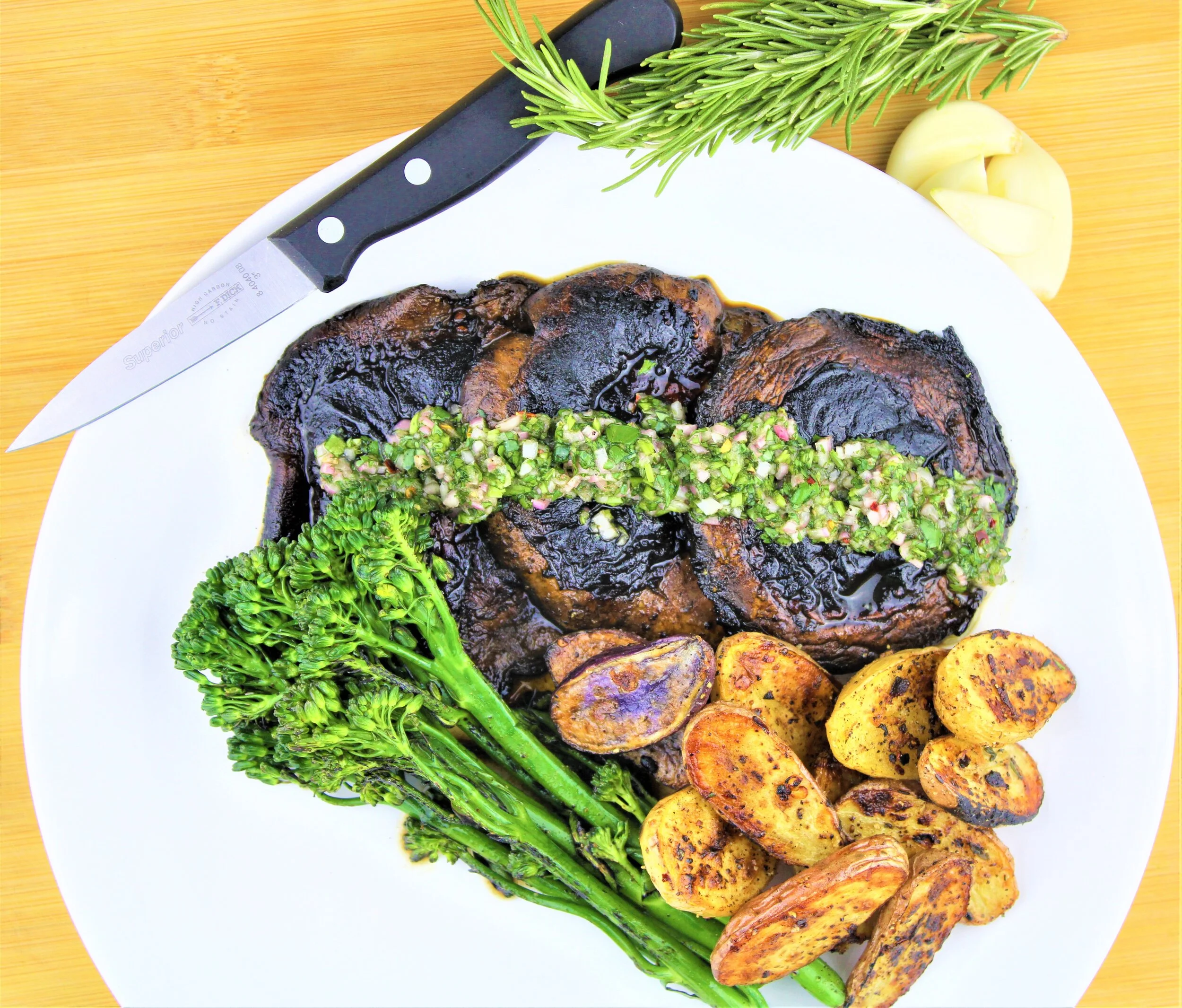 Pan-Seared Portobello Steaks with Chimichurri, Potatoes &amp; Broccolini