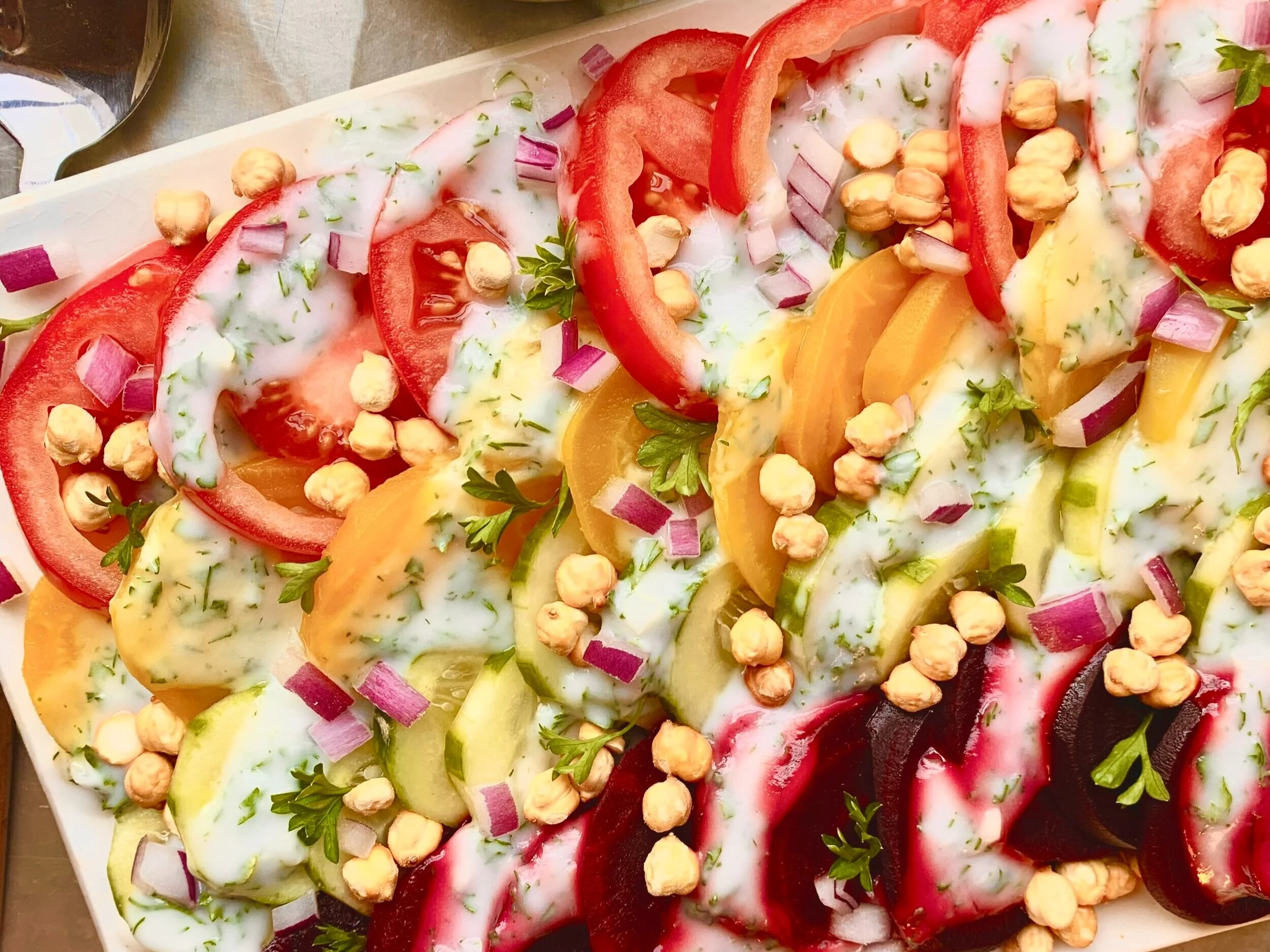 Double Beet, Cucumber, and Tomato Salad with Creamy Dill Dressing