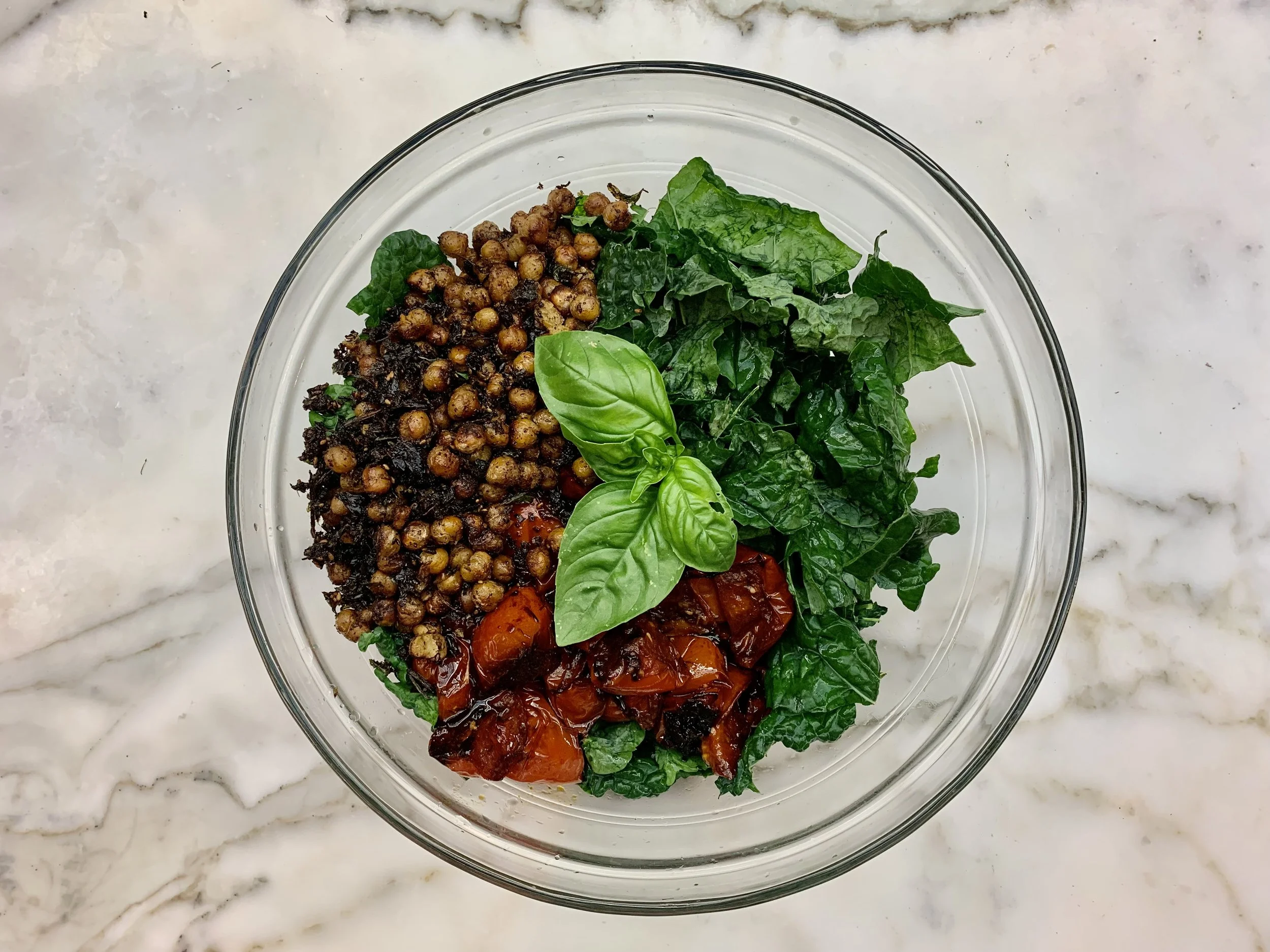 Tuscan Kale Salad with Grilled Tomato and Crispy Za'atar Chickpeas