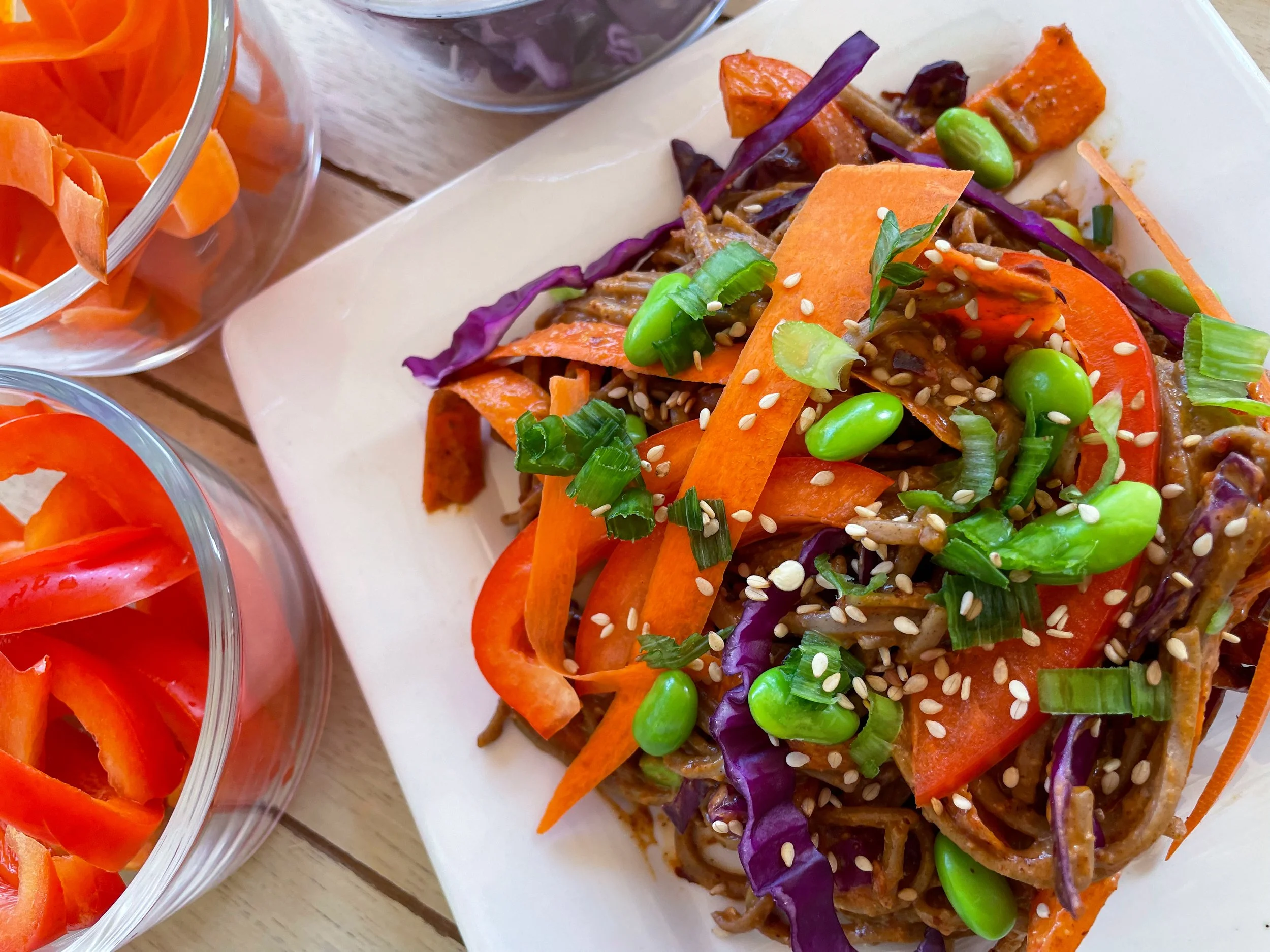 Rainbow Noodles with Spicy Almond Butter Sauce
