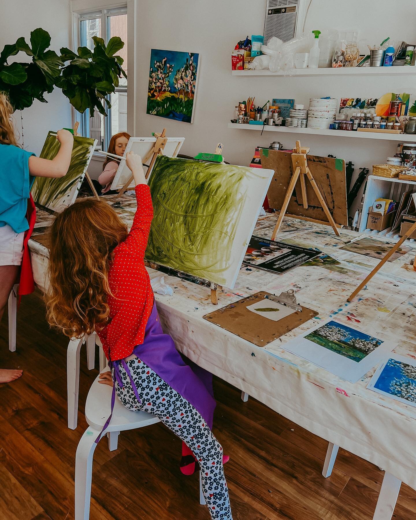 A glimpse of Saturday’s painting class. I love how these magical kiddos have carved out time for oil painting with me at the studio for this series. Our class starts at 11am so mornings can be slow and not rushed. I’m excited for these lo