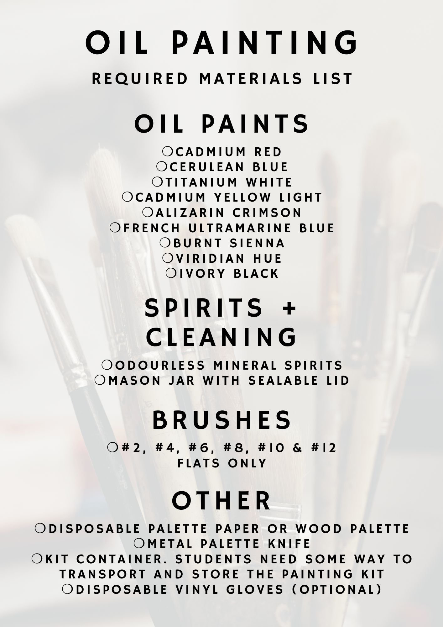 Materials List: Oil Painting Basic Set