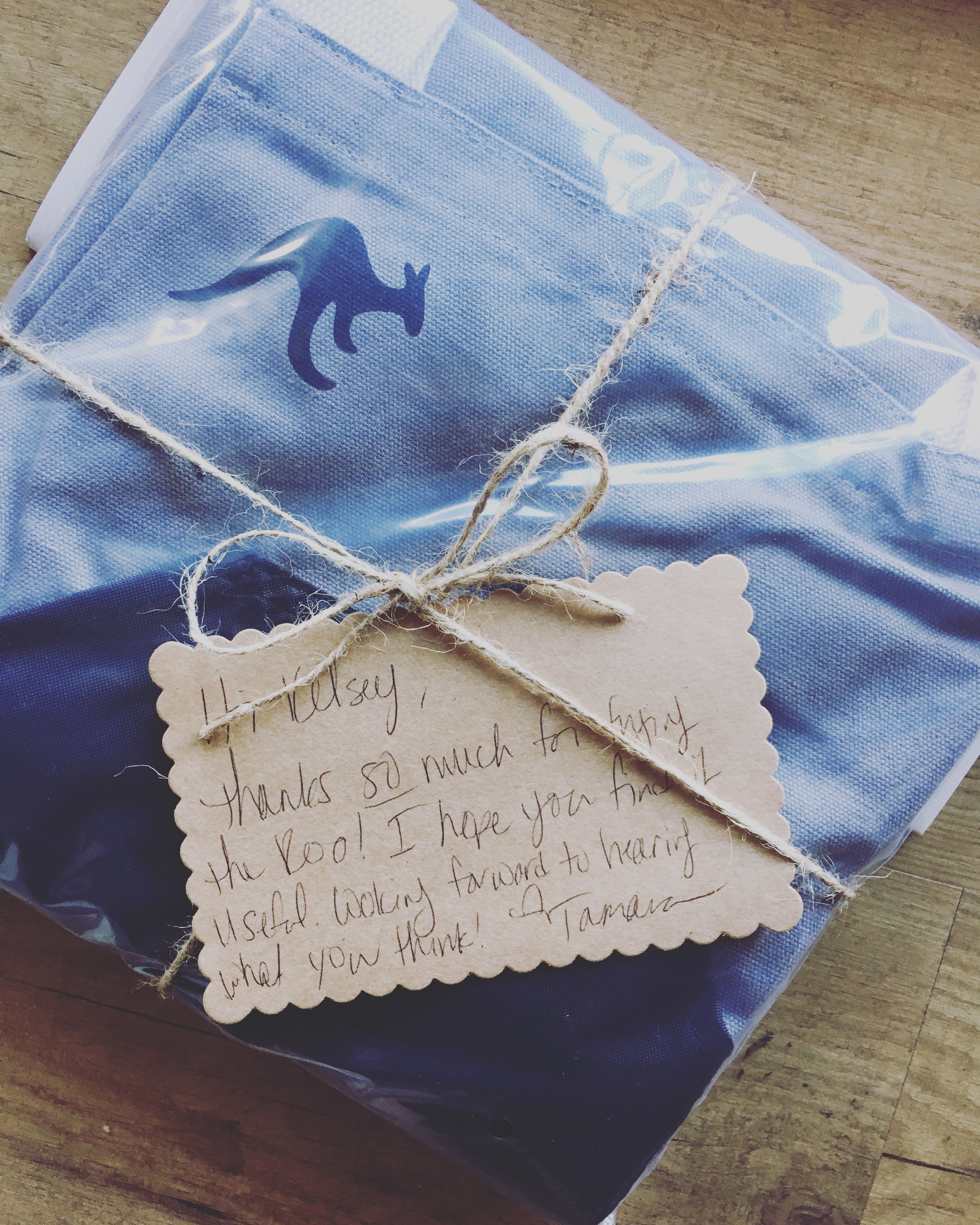 A nice note greeted me on receiving my Roo Apron!