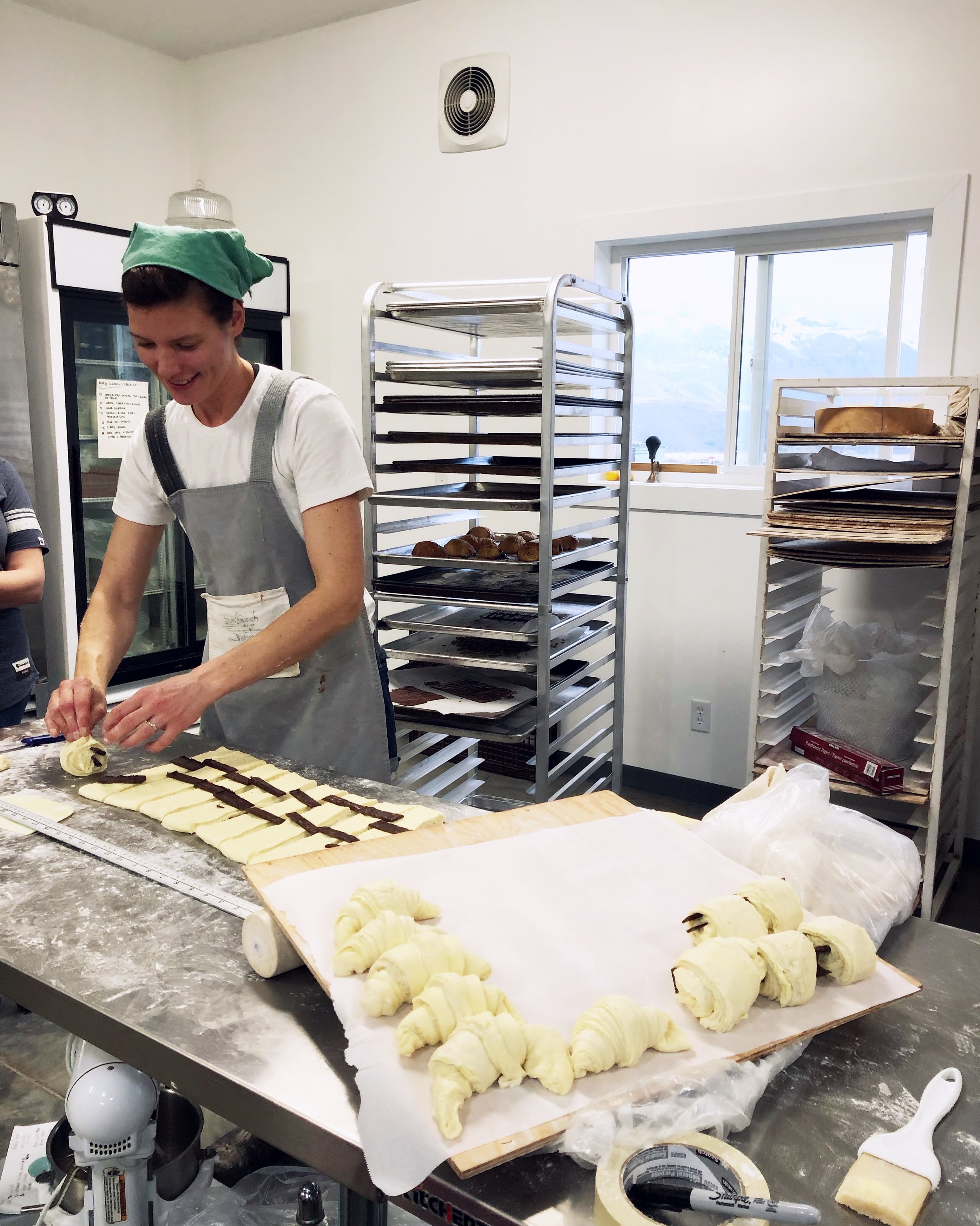 Monika demonstrating chocolate croissants.
