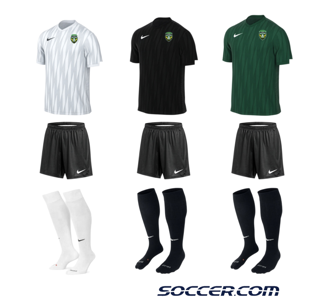 Three variations of a Nike PSC soccer uniform kit for the 2026-27 season, featuring white, black, and forest green jerseys paired with black shorts and coordinating socks.