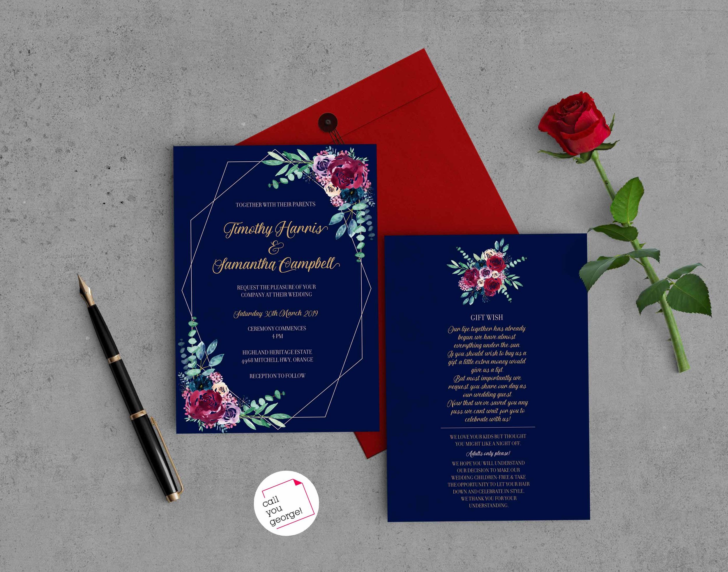 Navy and Red Floral Wedding Invitations