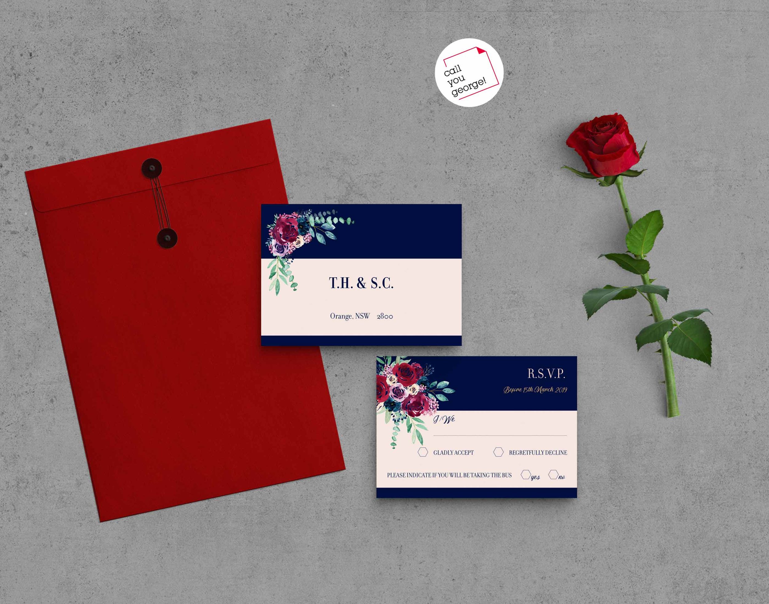 Navy and Red Floral Wedding RSVP Cards
