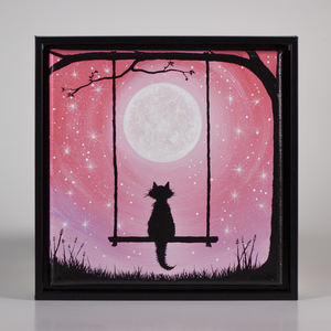 Stargazing Cat Original Painting, 8x8 Canvas in Frame, Cat on Tree Swing,  Purple and Blue Sky, Full Moon and Stars Glow in the Dark 