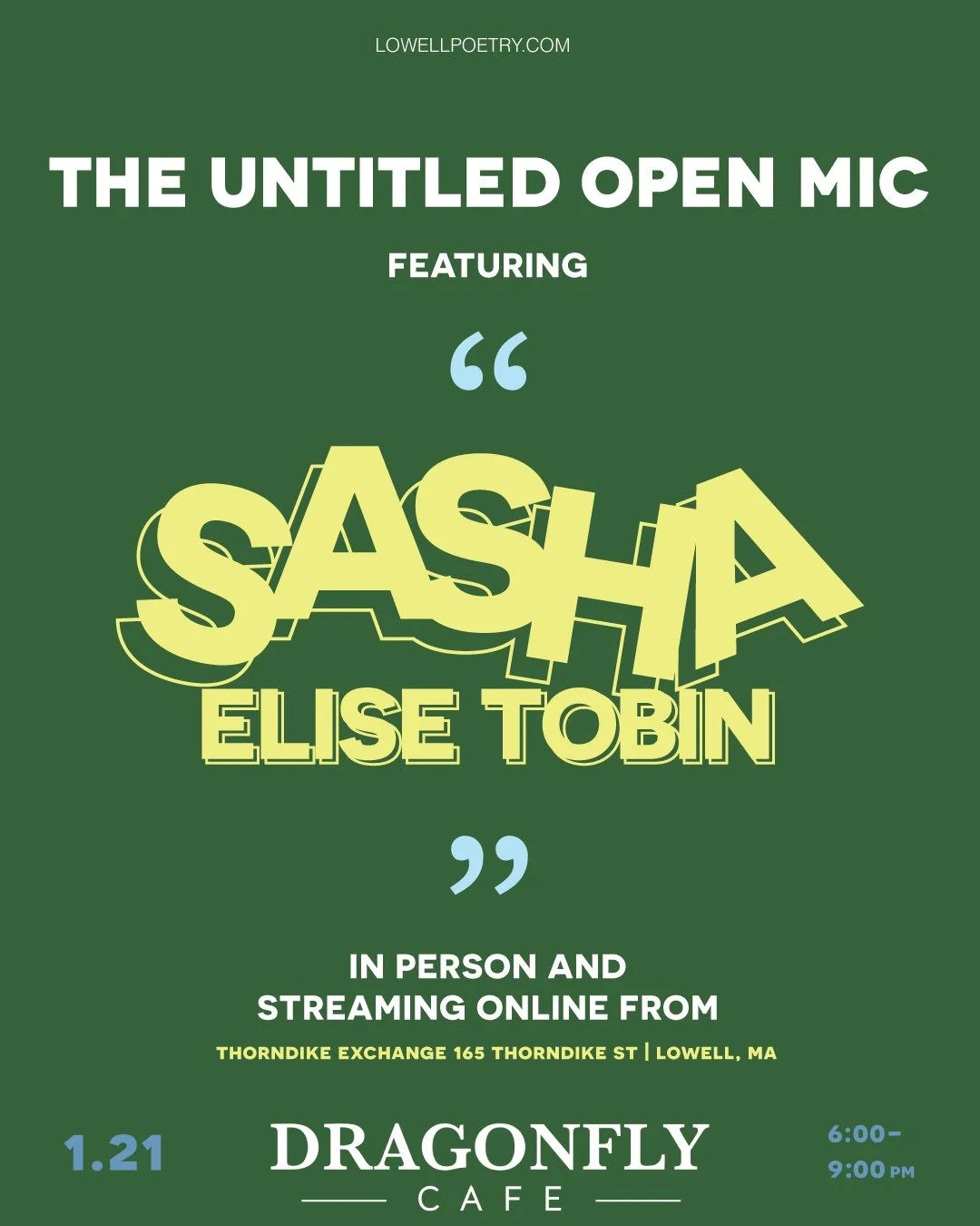 January 2026 Untitled Open Mic featuring Sasha Elise Tobin