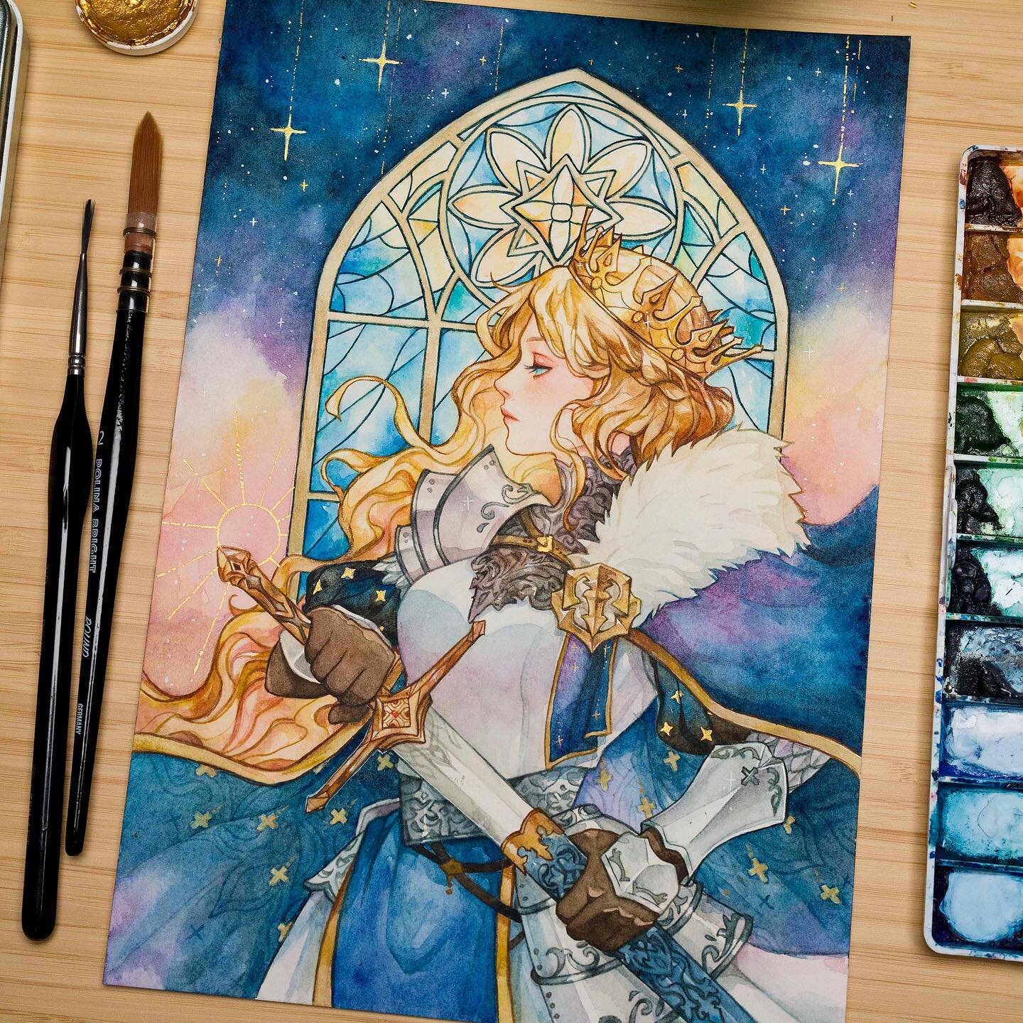 &ldquo;Queen of Camelot&rdquo; my newest piece for our Arthurian Legends auction at @badappleartists ❤️
She&rsquo;ll be available for bidding later today until March 31st at 5pm EST at our collective&rsquo;s FB page 💙 See you there! 
.
.
#watercolor