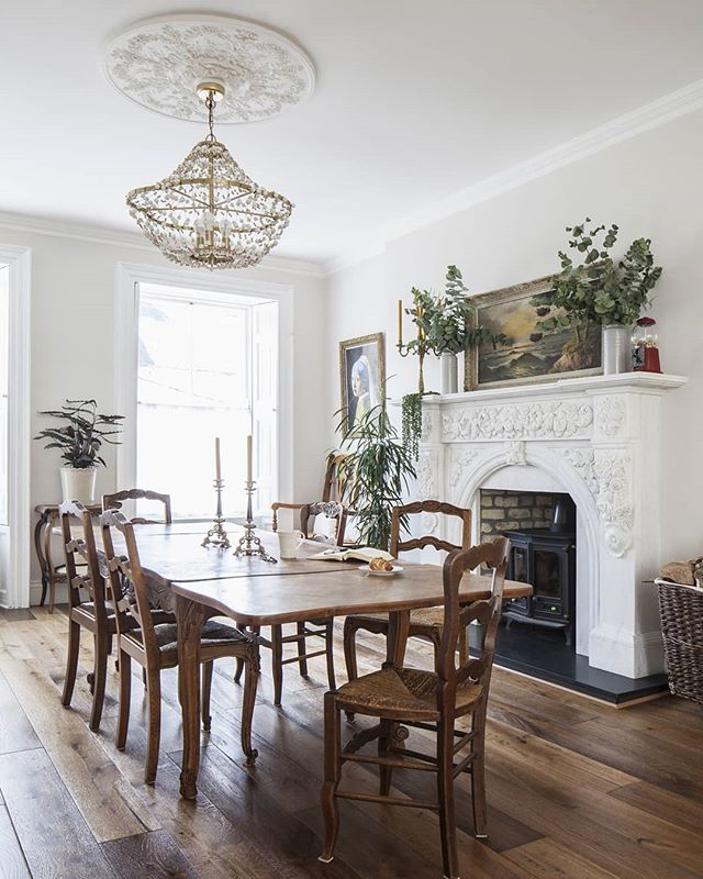 Dining room #beforeandafter  swipe for more pics. We probably didn't take enough before pictures of this room. Perhaps because we saw it the way we wanted it and not the way it actually was. The fireplace was replaced, the arch way opened up to the k