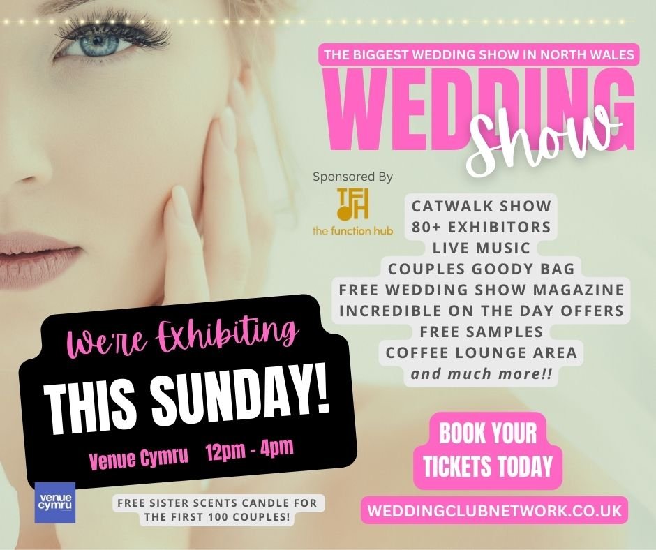 4 days to go! 👀 4 diwrnod i fynd!

21st April 📍Venue Cymru, Llandudno 🏴󠁧󠁢󠁷󠁬󠁳󠁿
Book your tickets now to THE BIG ONE 🤩💕💍
The biggest Wedding Show in North Wales 👫👭👬
Tickets 👉 weddingclubnetwork.co.uk
Sponsored by The Function Hub 🎶
@we