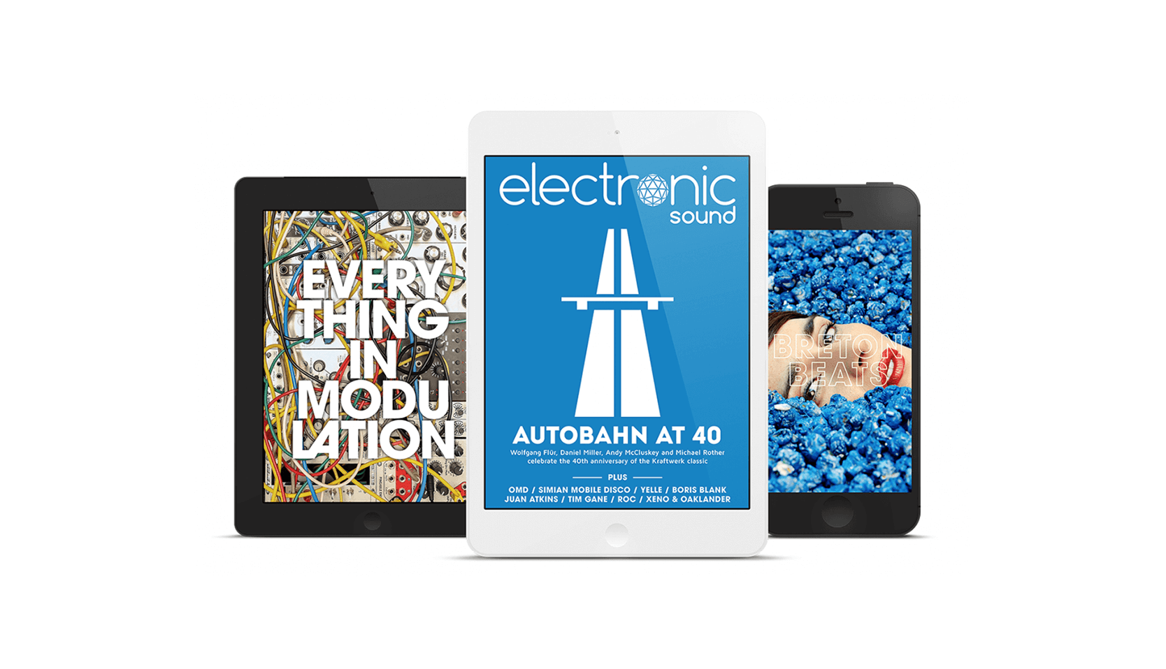 Editorial Design of Electronic Sound, a digital monthly magazine available on tablets, smartphones, and as a PDF, covering the best in contemporary electronic music, as well as the classic acts that everyone loves.