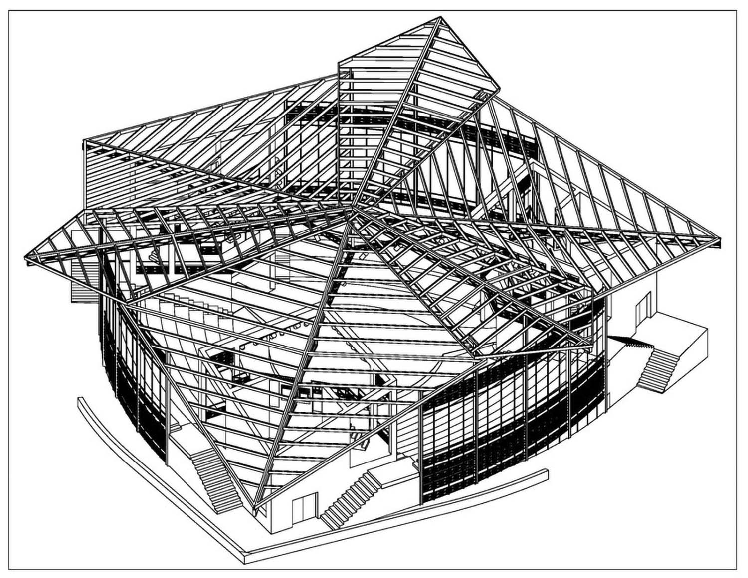 The facility is covered with petal-like inverted roofs to channel water away. They are covered with locally made and inexpensive corrugated steel. The gaps between are covered with smaller overlapping roofs covered with clear corrugated fiberglass and raised above the main roofs to allow air flow.