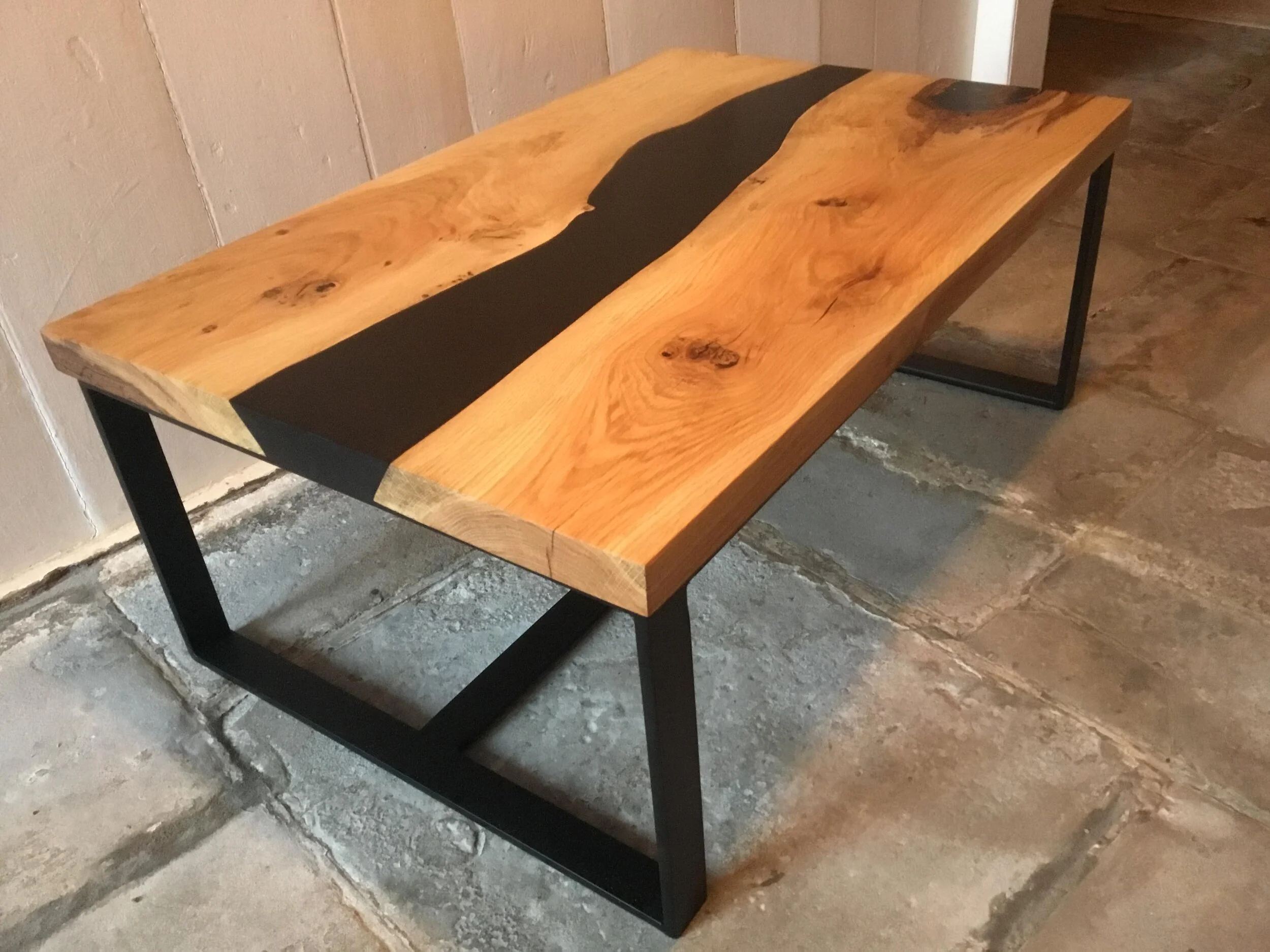 English Live Edge Oak and Ebony Black, Epoxy River Table