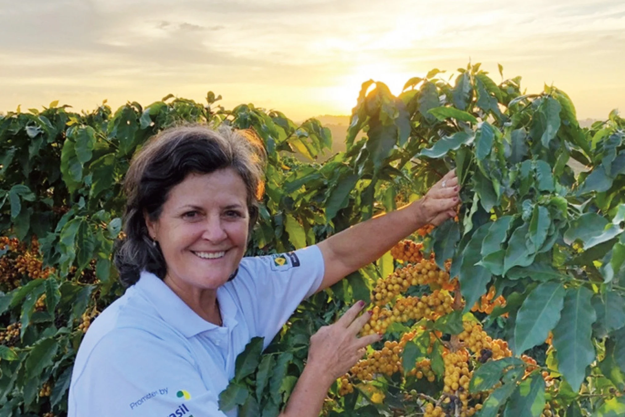 Carmen Lúcia Chaves de Brito with coffee plant at fazenda aracaçu