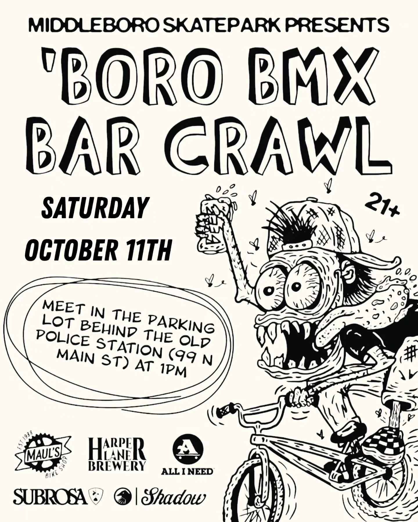 Oh, it's a busy week for events!! Here's all the info you'll need!!

10/11- Saturday- 1pm

BORO' BMX PUB CRAWL (Skatepark Fundraiser)
https://www.eventbrite.com/e/2025-bmx-bar-crawl-tickets-1731628089229

Middleborough Fire Dept 5k Fundraiser
https:/