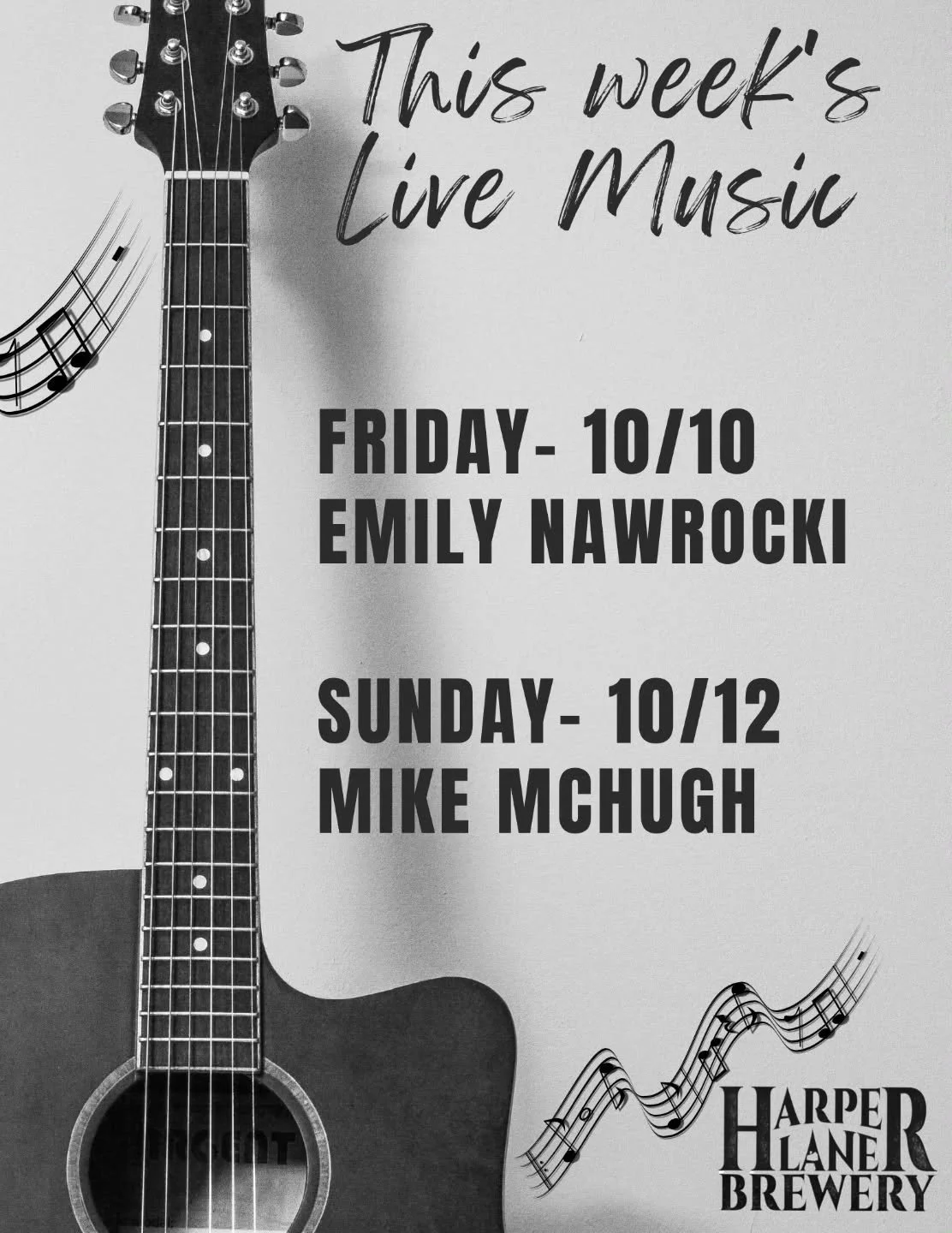 This Weeks Music!!

Friday 10/10- @emilynawrockimusic 6-9pm

Sunday 10/12- @mchugh4735 2-5pm