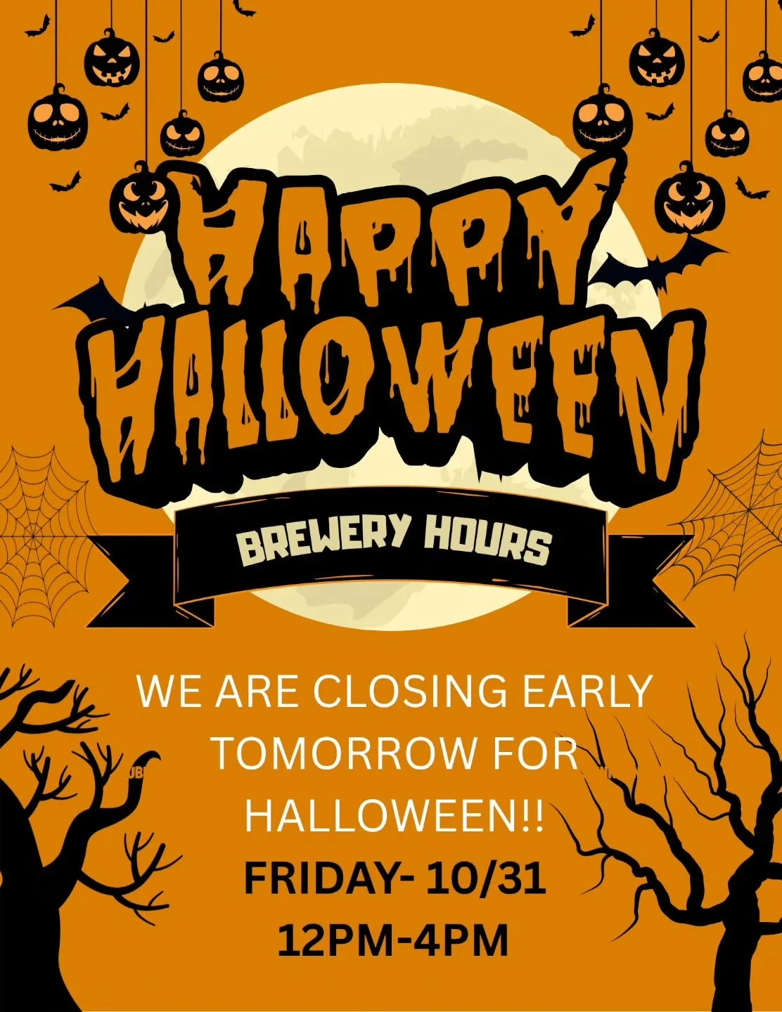 Hello All! We are closing at 4pm tomorrow to spend time with our families trick or treating.

We will be open from 12-4pm on Friday- 10/31. 
Grab your 4 packs to go or a pint! 

Tonight! Thursday-10/30.
Come on by for Trivia!! at 7pm