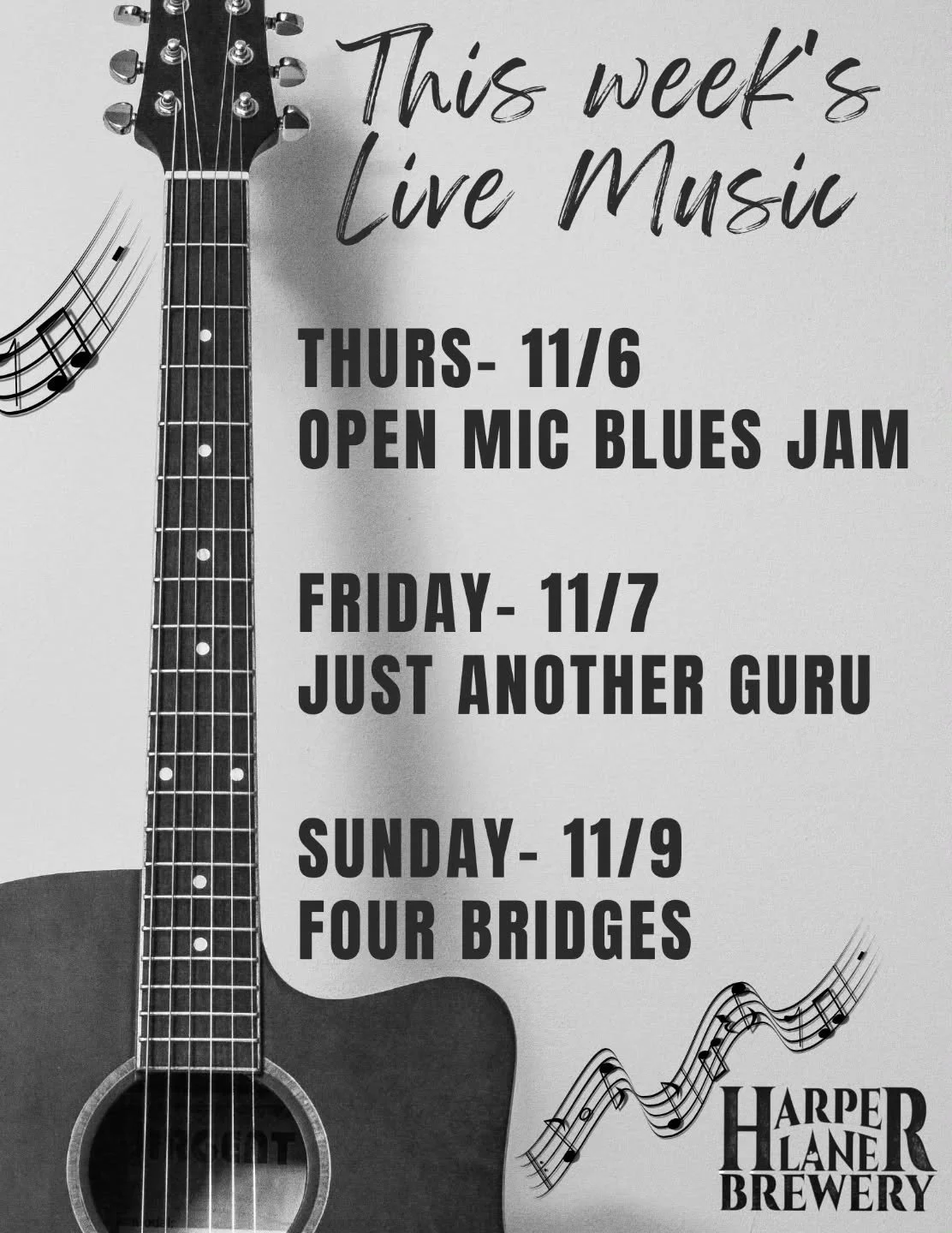 This weeks music!! 3 bands!

Thursday- 11/6
Open Mic Blues Jam 6-9pm

Friday- 11/7
@justanotherguruband 6-9pm

Sunday-11/9
Bluegrass! @fourbridgesband 2-5pm
