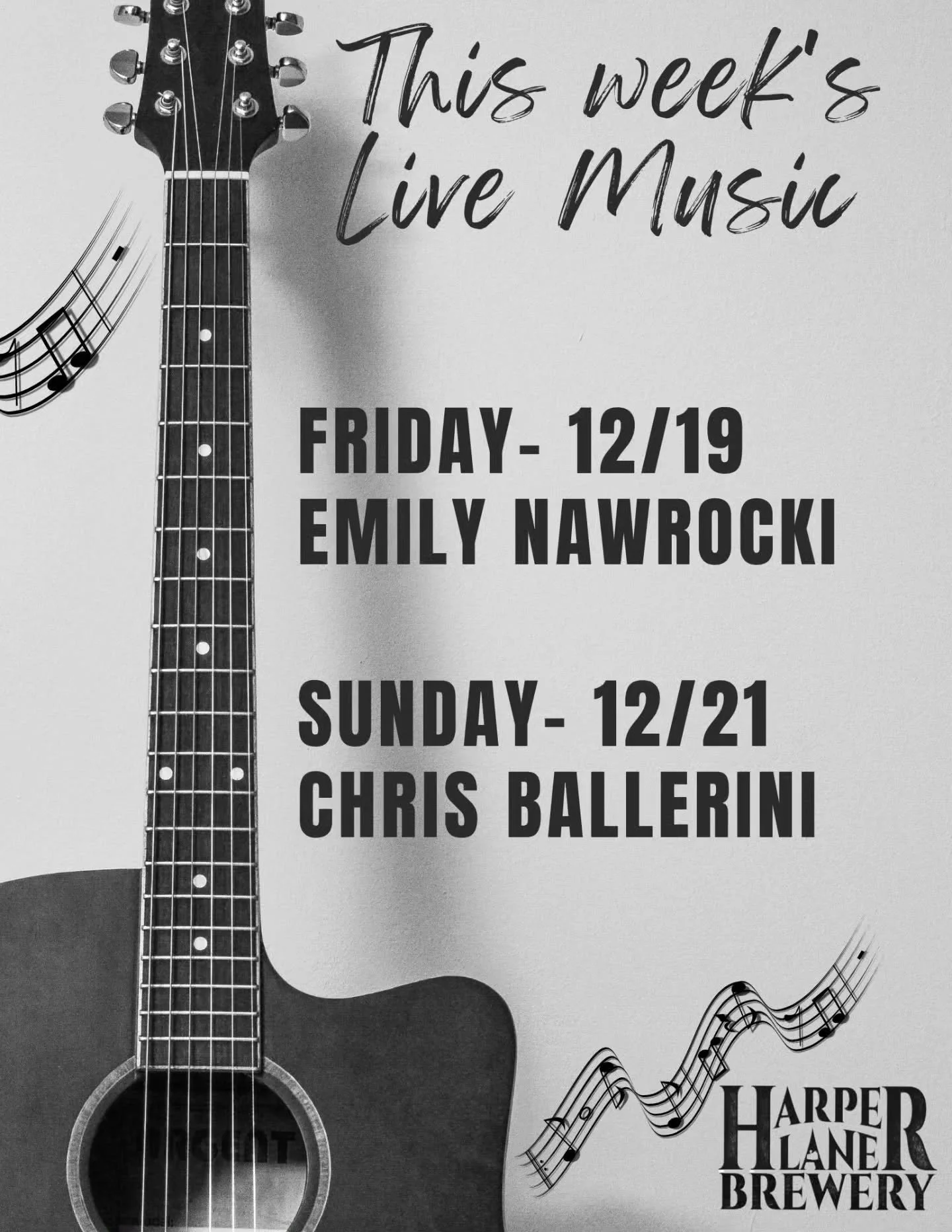 This Weeks Music! 

12/19 Friday- 6-9pm
@emily.nawrocki 

12/21 Sunday- 2-5pm
@chris.ballerini