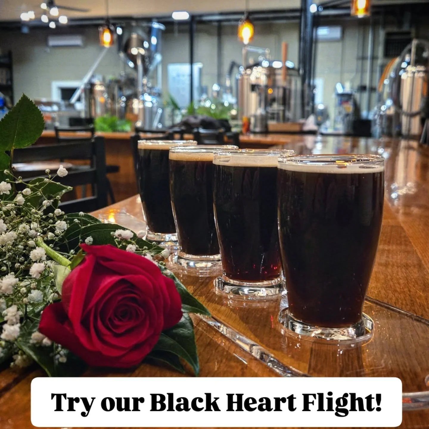 Happy Valentine's Day to all and those dark beer lovers out there! Whether you're alone or in love.. 
We now have 4 dark beers on tap, so lets make a flight.

Our Black Heart Flight contains the following:

Lindworm- 4.8% (Munich Dunkel)

Milk Stout-