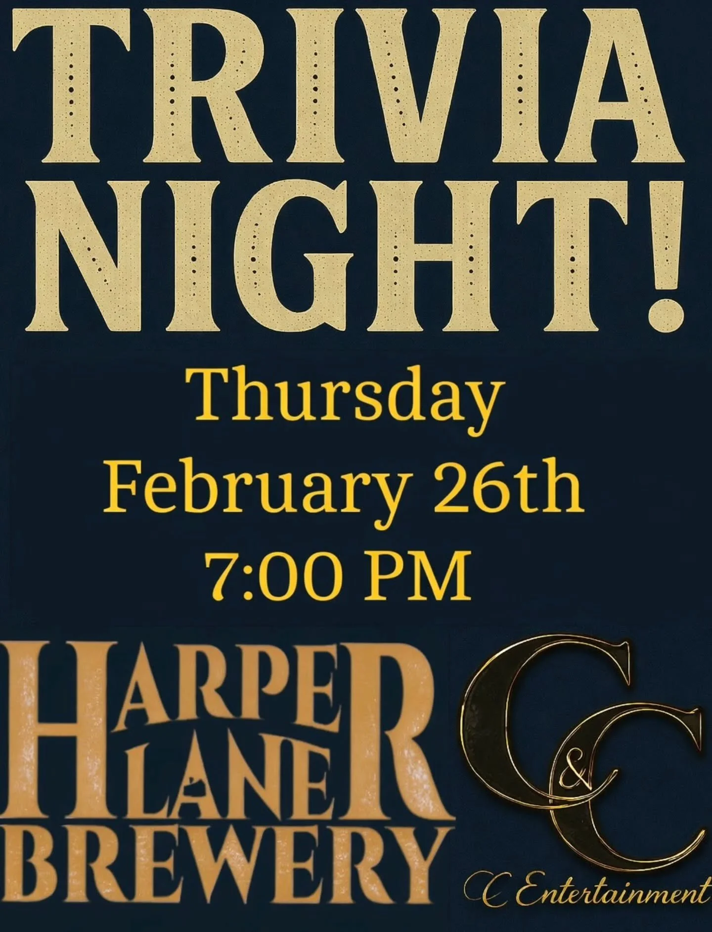 Tomorrow! Thursday! 2/26 We're back with Trivia 7-8:30pm! 

Mixed Topics Trivia Night!! Bring your friends and team up!! First place wins a $25 gift card from Harper Lane and a $25 gift card from Home Rootts!!

Second place team wins Harper lane beer