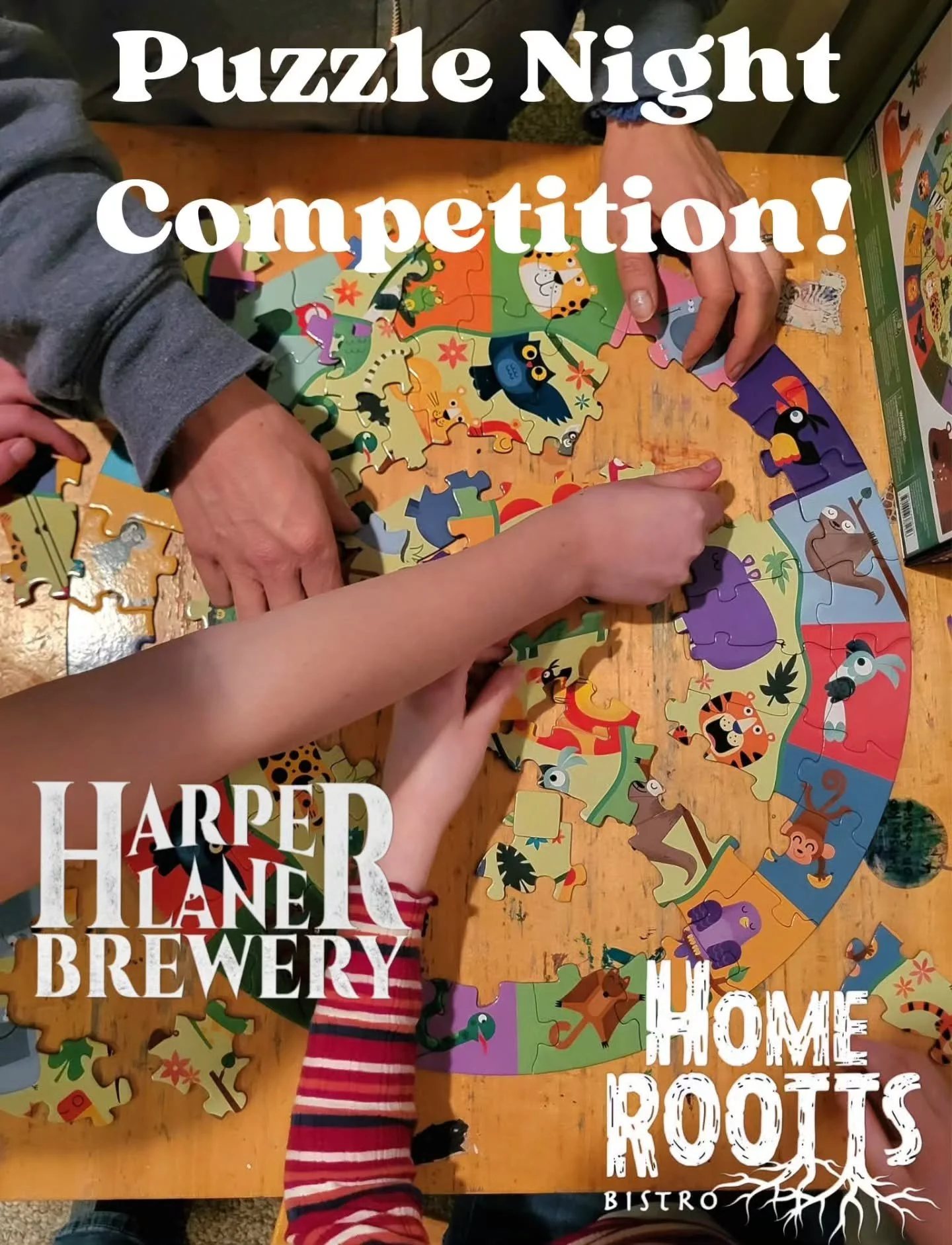 This Thursday 3/12@ 6:30pm
Join us for a free night of fun!

Team Puzzle Night Competition! 

Gather your team of 2-4 people and battle others against the clock! Total time to compete a 500 piece puzzle is 2hrs. If no team completes the puzzle in tim