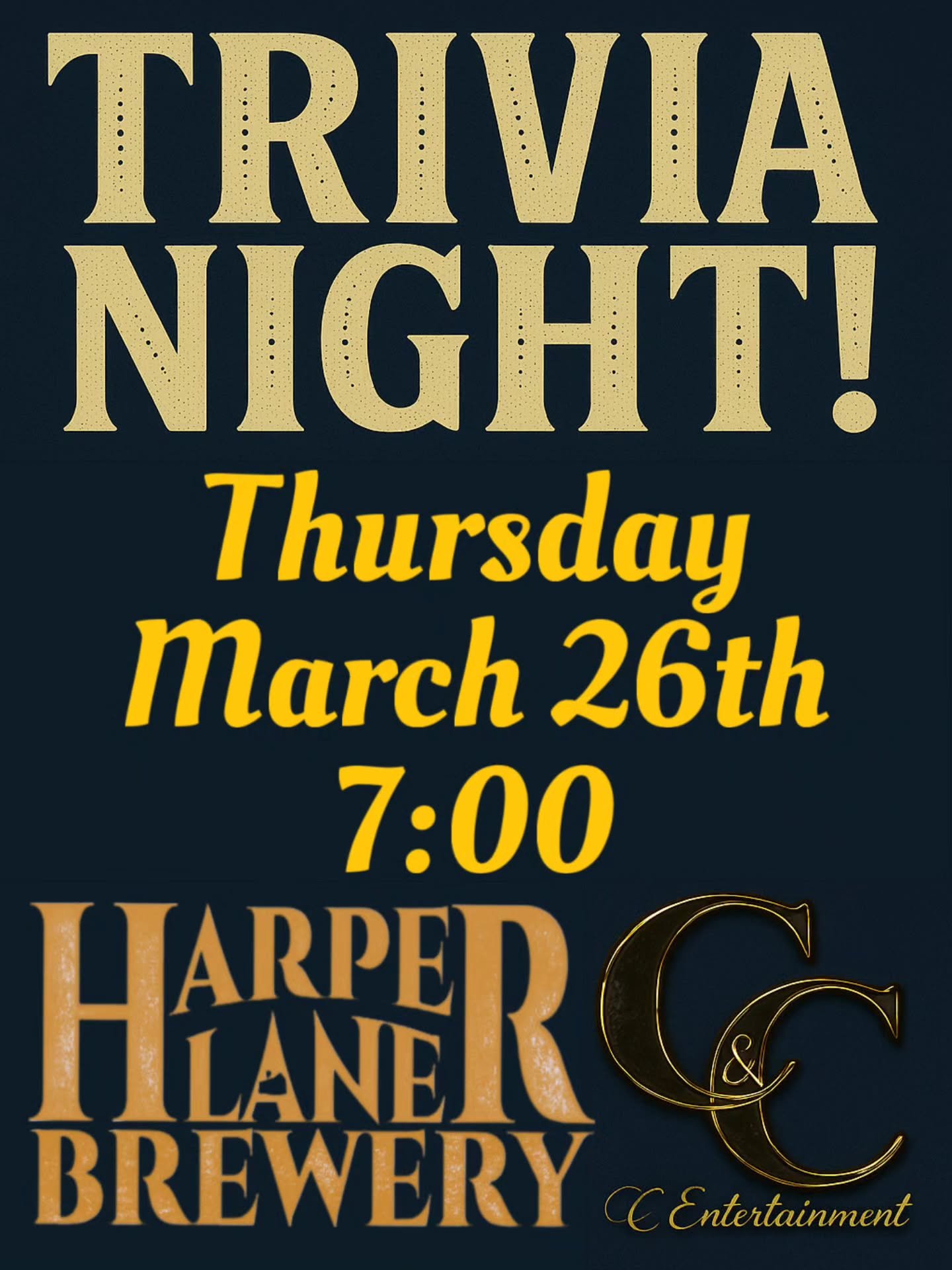 This Thursday! Mixed Topics Trivia Night!! Bring your friends and team up!! First place wins a $25 gift card from Harper Lane and a $25 gift card from Home Rootts!!

Second place team wins Harper lane beer glasses!