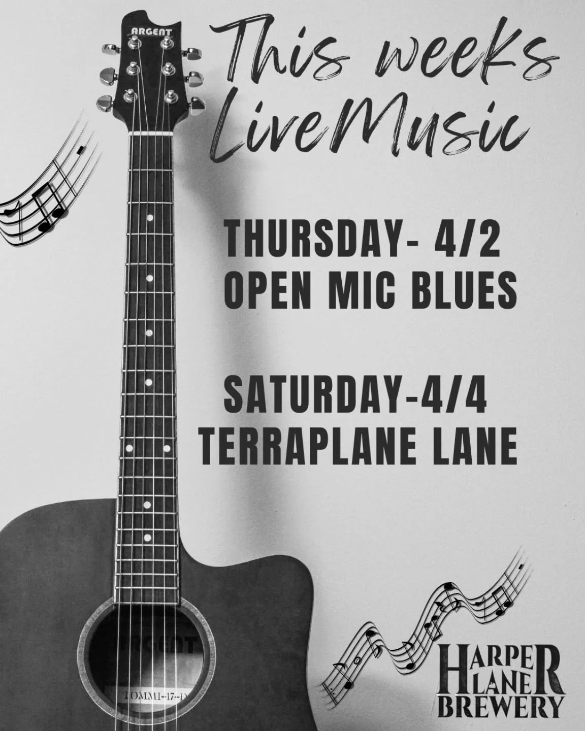 This Weeks Music!

Thurs- 
Open Mic Blues Jam
6:30-9pm

Saturday- 
@terraplanelane  6-9pm. 
(Some beer guy is joining them on guitar for the night😉)