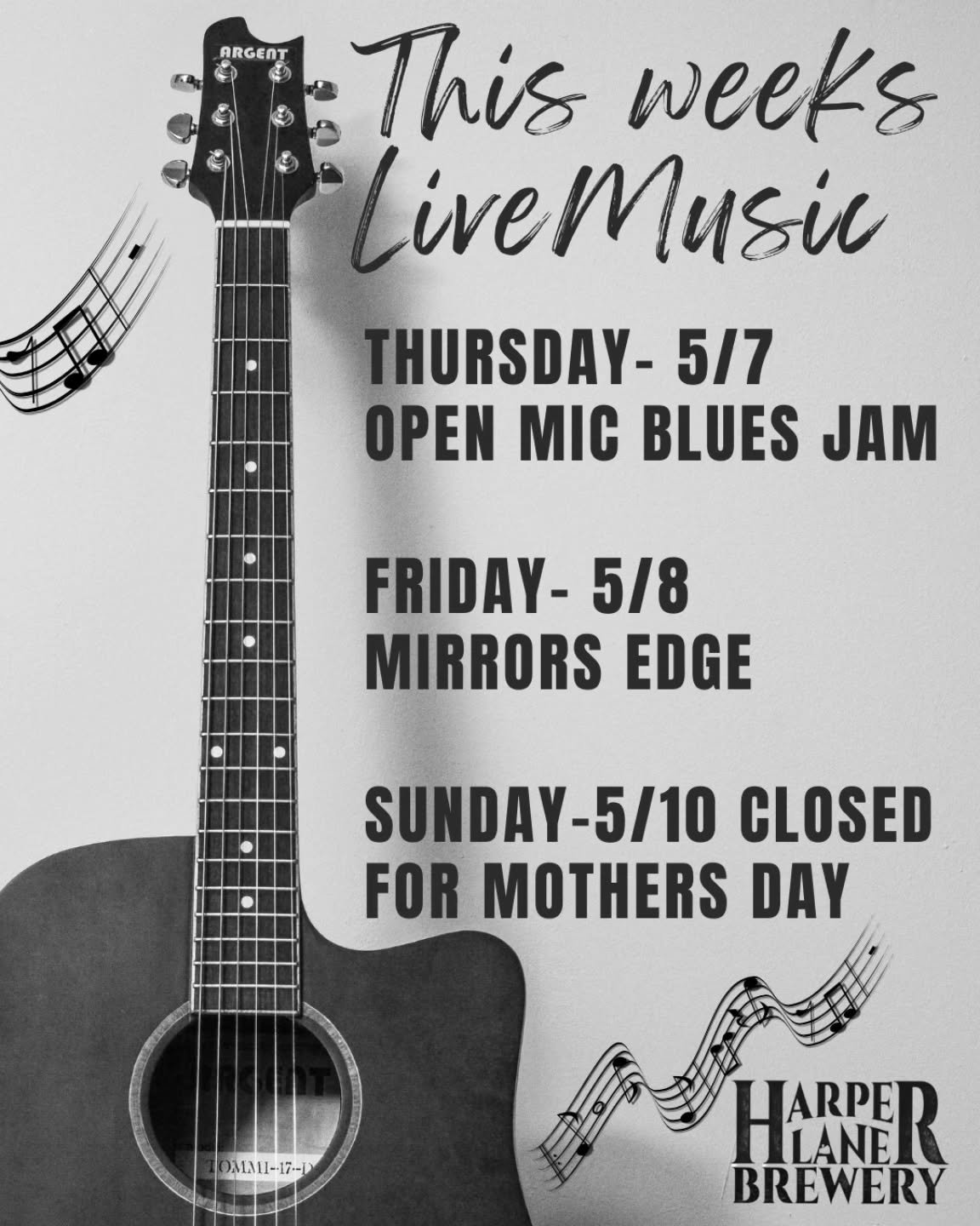 This Week's Music!!

Thursday- 5/7
Open Mic Blues Jam 6-9pm

Friday- 5/8
@mirrorsedgemusic- 6-9pm

and a FYI- 

We're Closed for Mothers day 5/10
