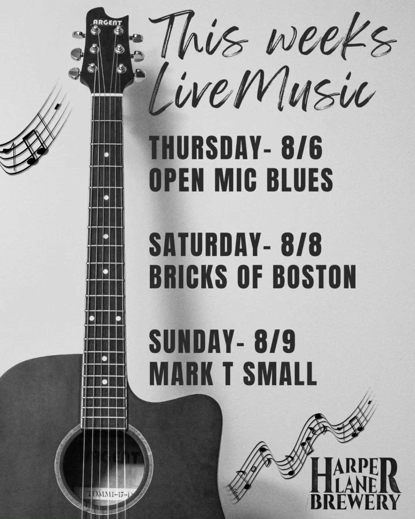 This weeks music!

Thursday- 8/6
Open Mic Blues Jam- 6-9pm

Saturday- 8/8
@bricksofbostonmusic- 6-9pm

Sunday- 8/9
@marktsmall - 2-5pm