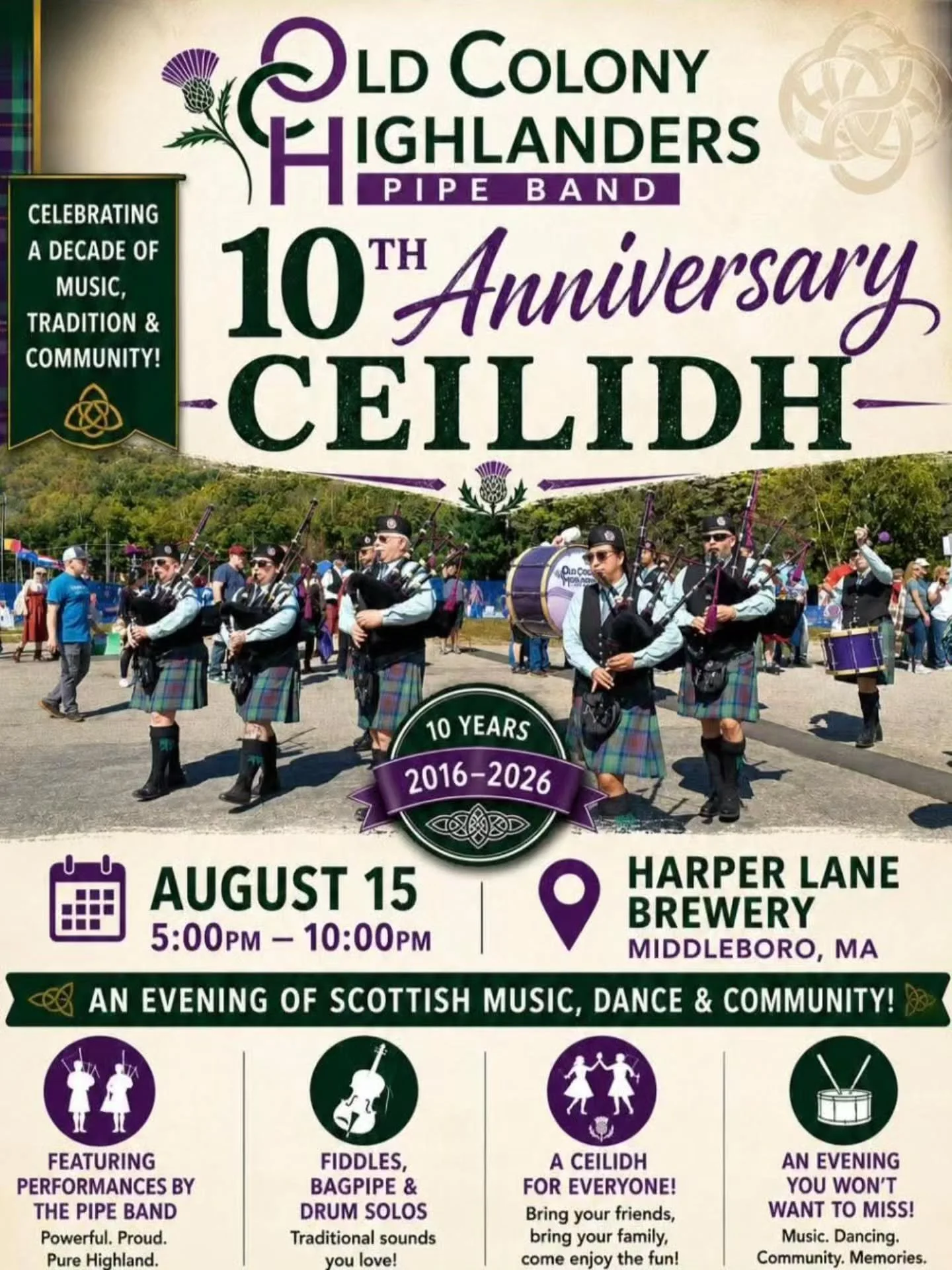 Today! Saturday! 8/15 from 5-10pm
We are hosting @oldcolonypb 10yr anniversary!

🎶 We&rsquo;re celebrating 10 years&mdash;and you&rsquo;re invited! 

It&rsquo;s hard to believe that Old Colony Highlanders began 10 years ago, with a small group of fa